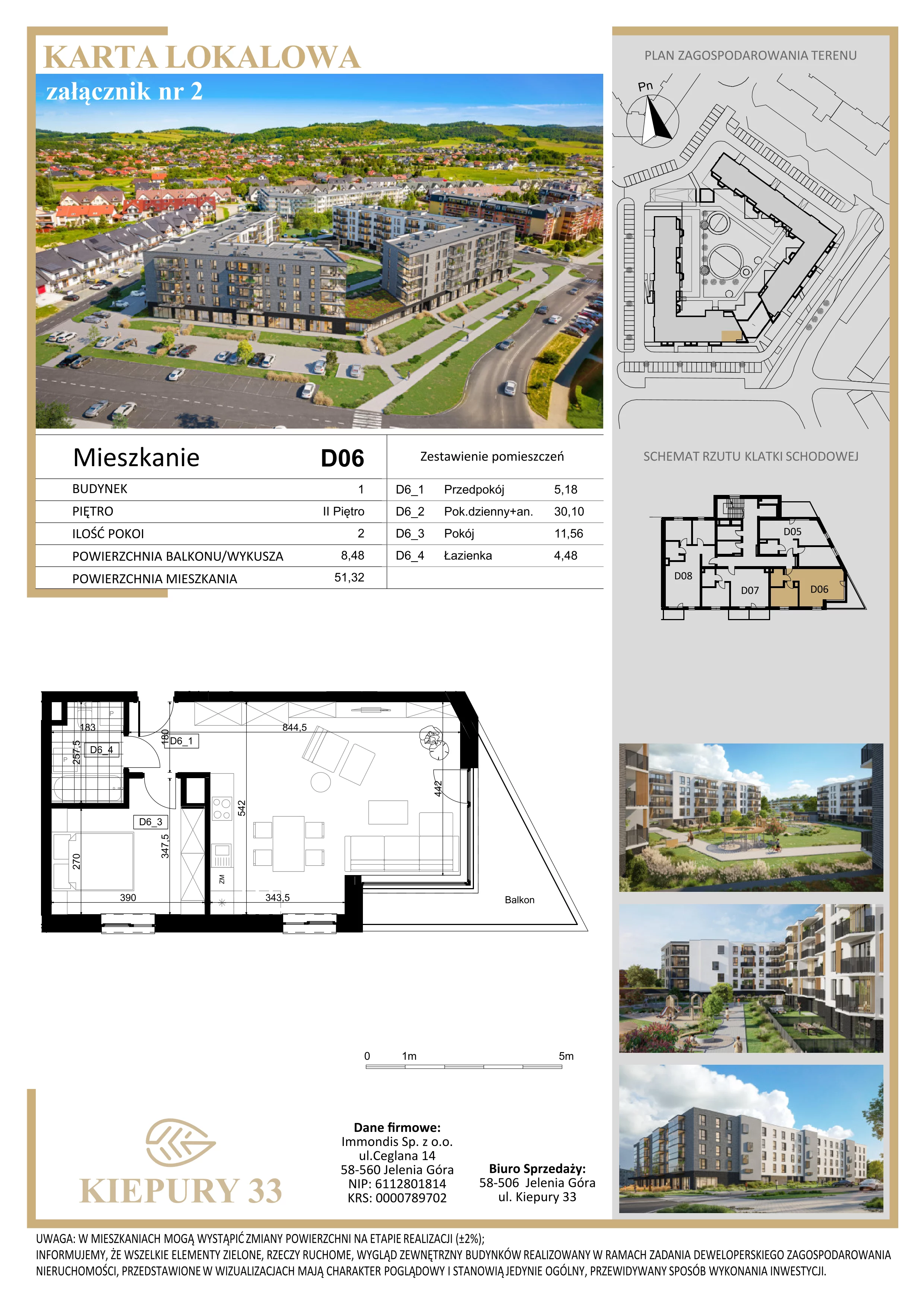2 pokoje, mieszkanie 51,32 m², piętro 2, oferta nr D06, Kiepury 33, Jelenia Góra, Zabobrze, ul. Jana Kiepury