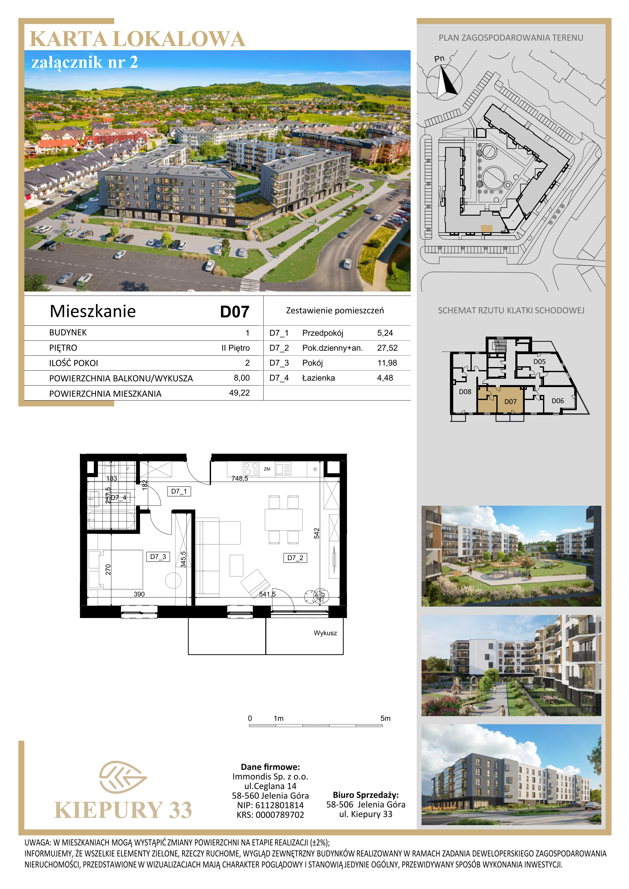 2 pokoje, mieszkanie 49,22 m², piętro 2, oferta nr D07, Kiepury 33, Jelenia Góra, Zabobrze, ul. Jana Kiepury