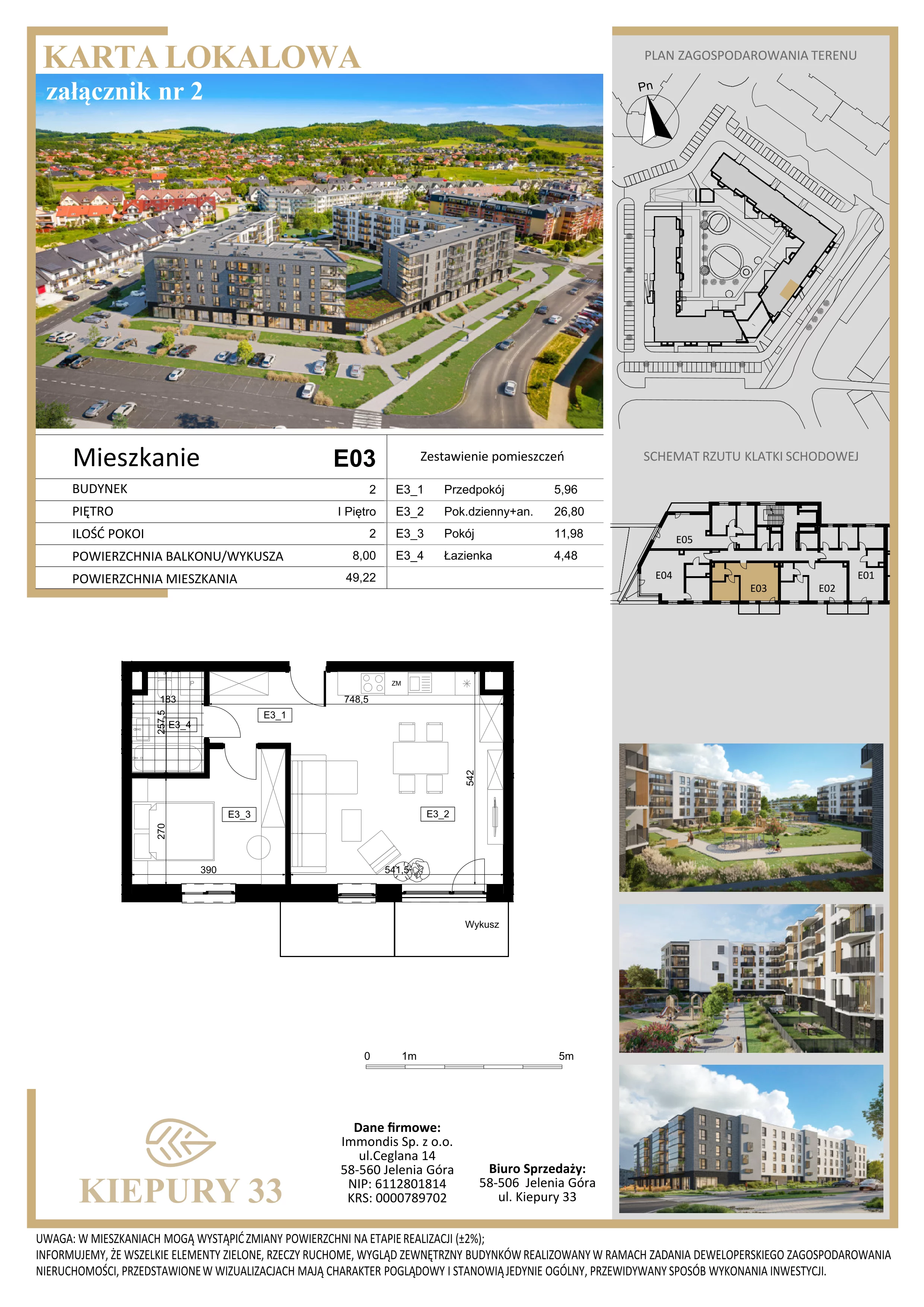 2 pokoje, mieszkanie 49,22 m², piętro 1, oferta nr E03, Kiepury 33, Jelenia Góra, Zabobrze, ul. Jana Kiepury