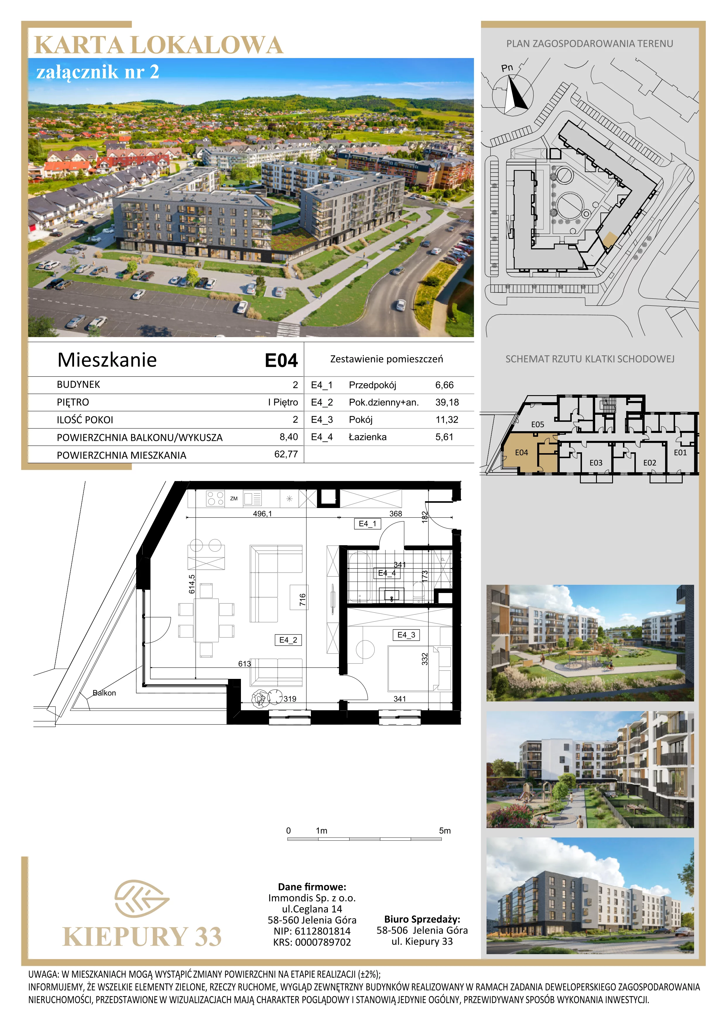 2 pokoje, mieszkanie 62,77 m², piętro 1, oferta nr E04, Kiepury 33, Jelenia Góra, Zabobrze, ul. Jana Kiepury