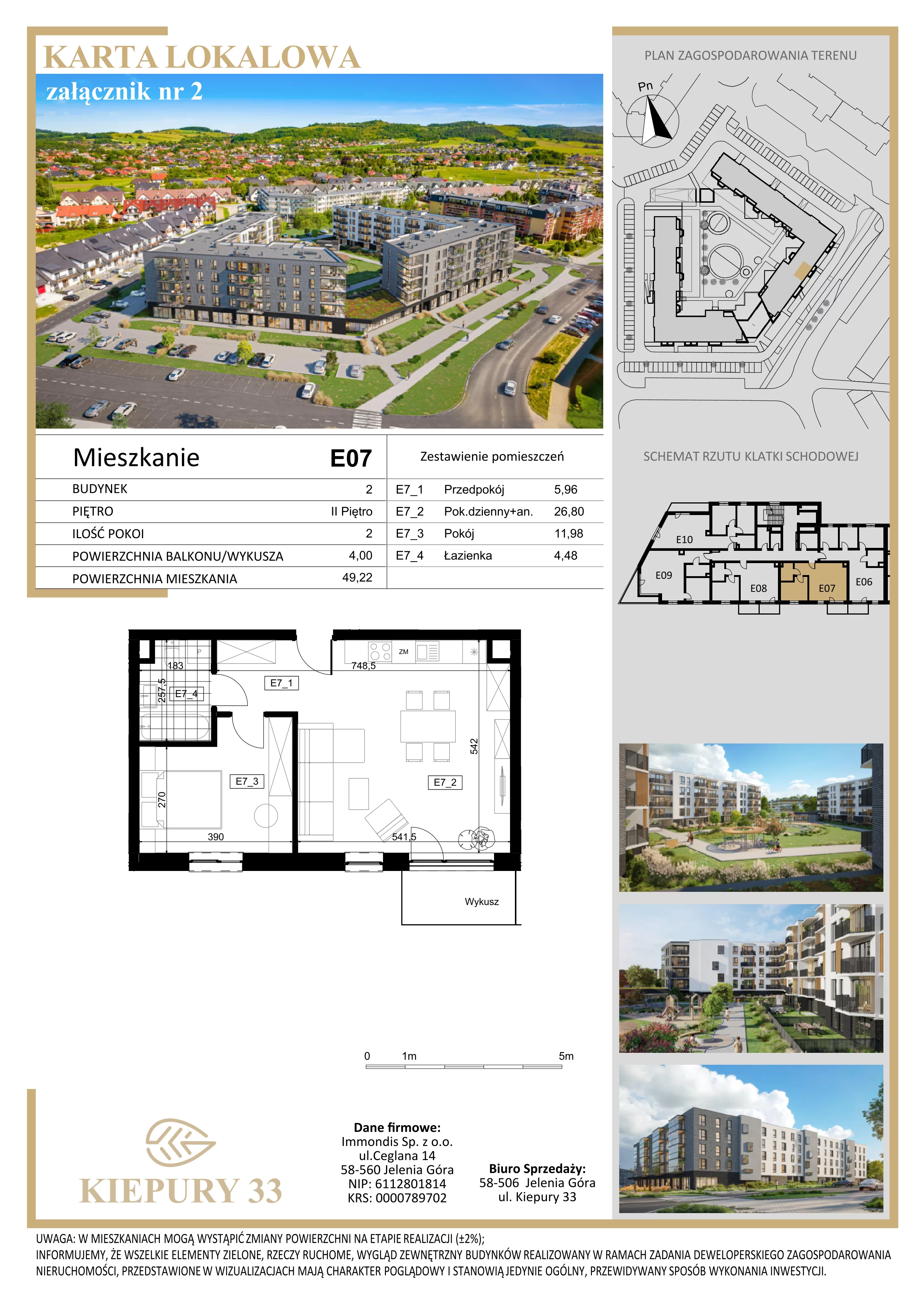 2 pokoje, mieszkanie 49,22 m², piętro 2, oferta nr E07, Kiepury 33, Jelenia Góra, Zabobrze, ul. Jana Kiepury