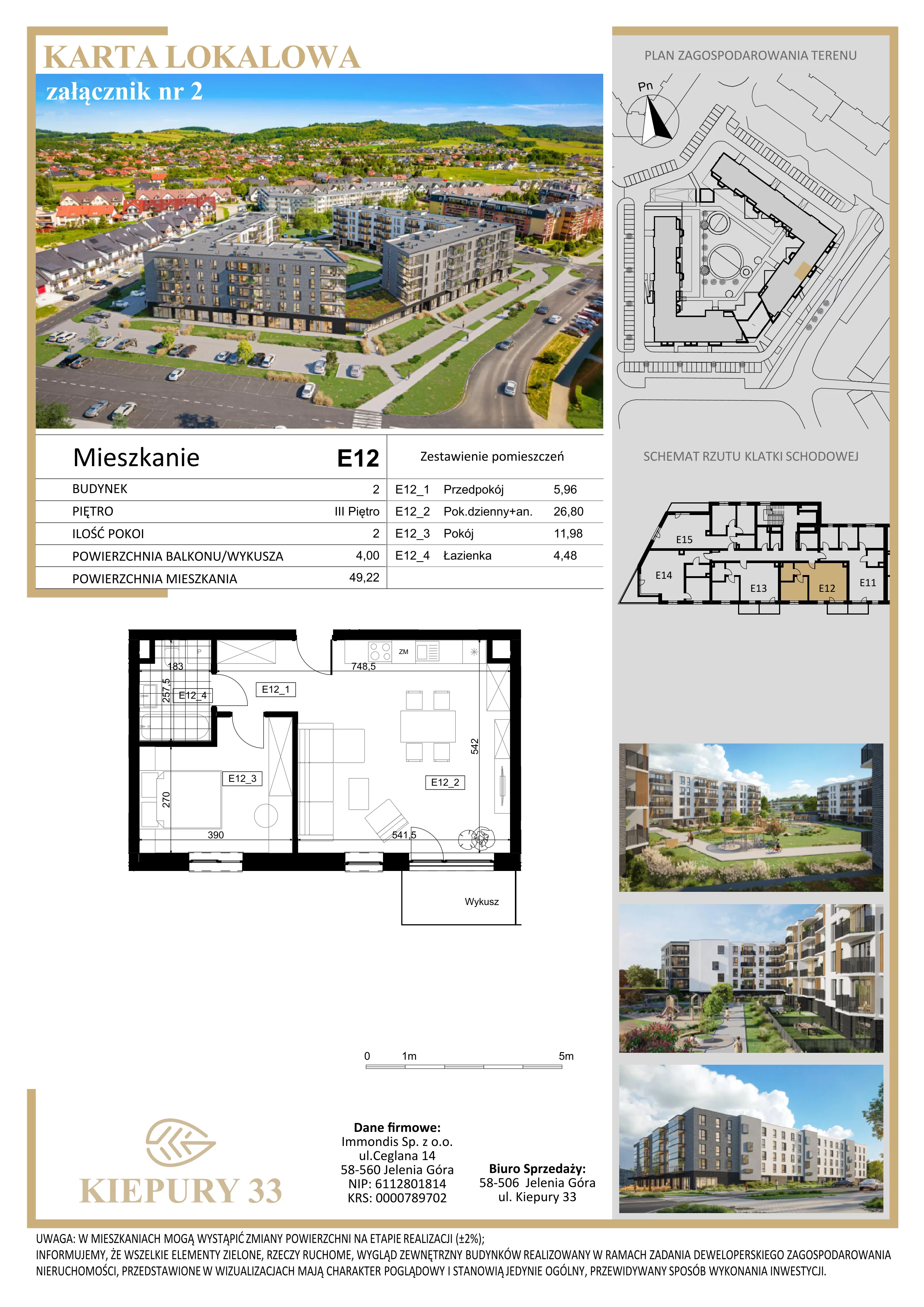 2 pokoje, mieszkanie 49,22 m², piętro 3, oferta nr E12, Kiepury 33, Jelenia Góra, Zabobrze, ul. Jana Kiepury