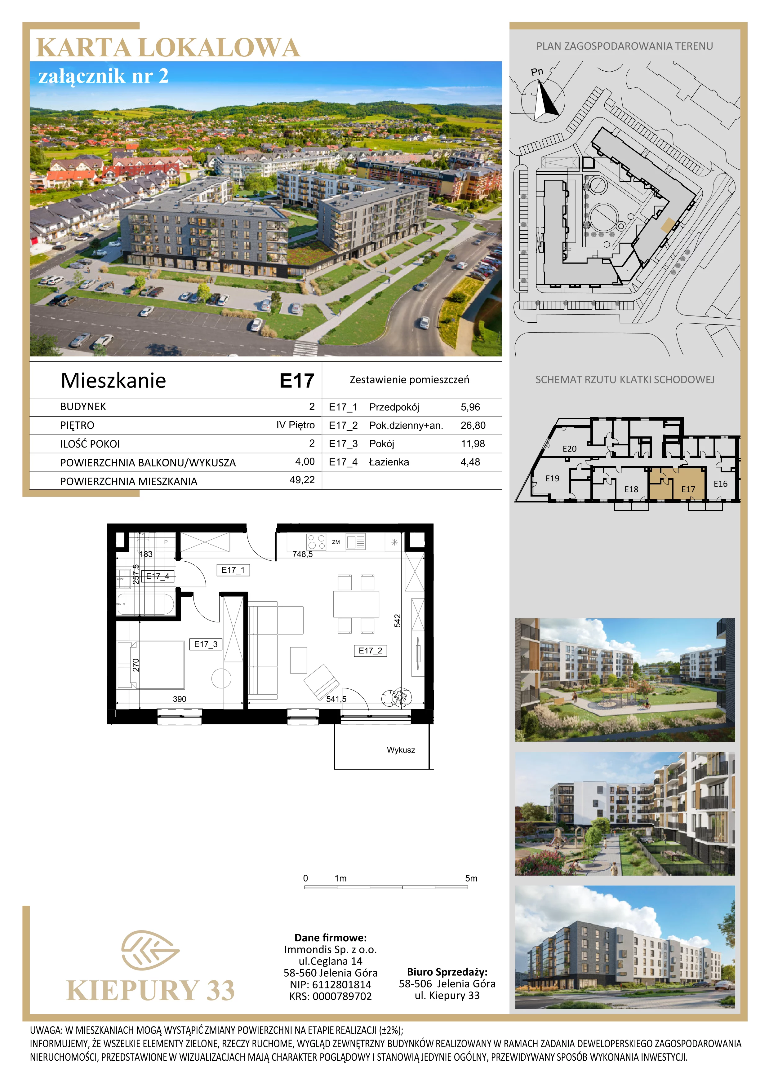 2 pokoje, mieszkanie 49,22 m², piętro 4, oferta nr E17, Kiepury 33, Jelenia Góra, Zabobrze, ul. Jana Kiepury
