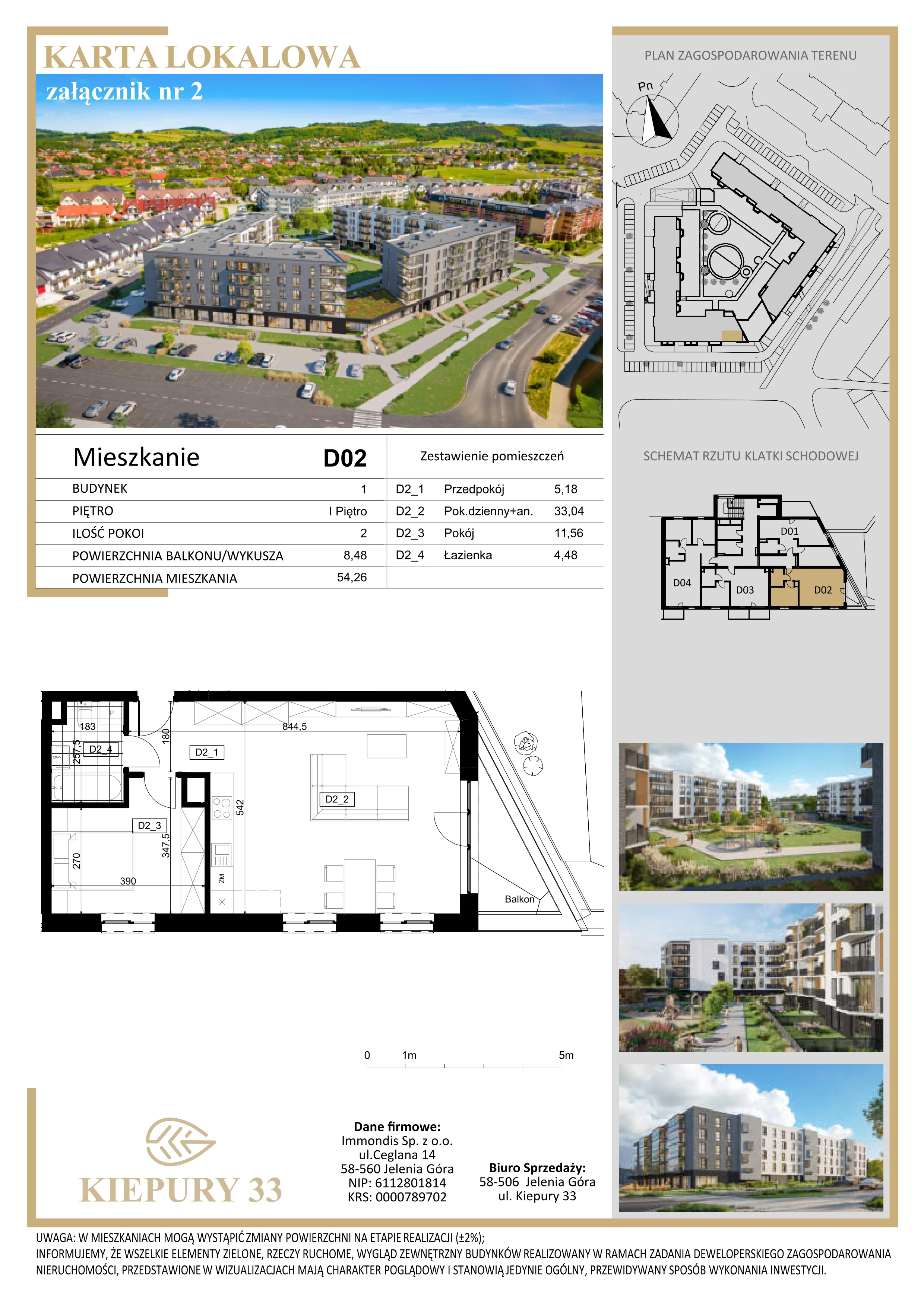 2 pokoje, mieszkanie 54,26 m², piętro 1, oferta nr D02, Kiepury 33, Jelenia Góra, Zabobrze, ul. Jana Kiepury