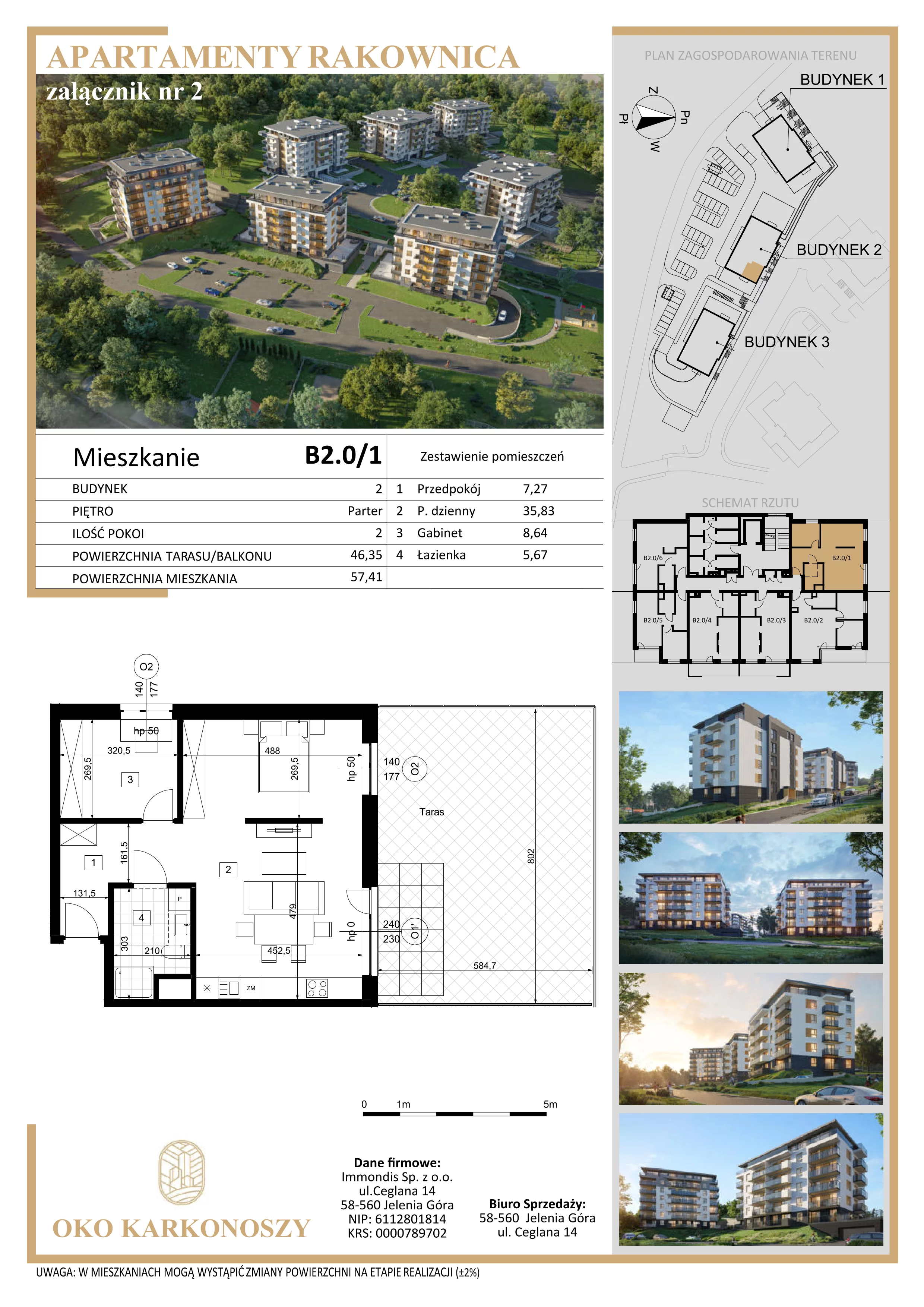 2 pokoje, mieszkanie 58,21 m², parter, oferta nr B2.0/1, Oko Karkonoszy Apartamenty Rakownica, Jelenia Góra, Śródmieście, ul. Okopowa