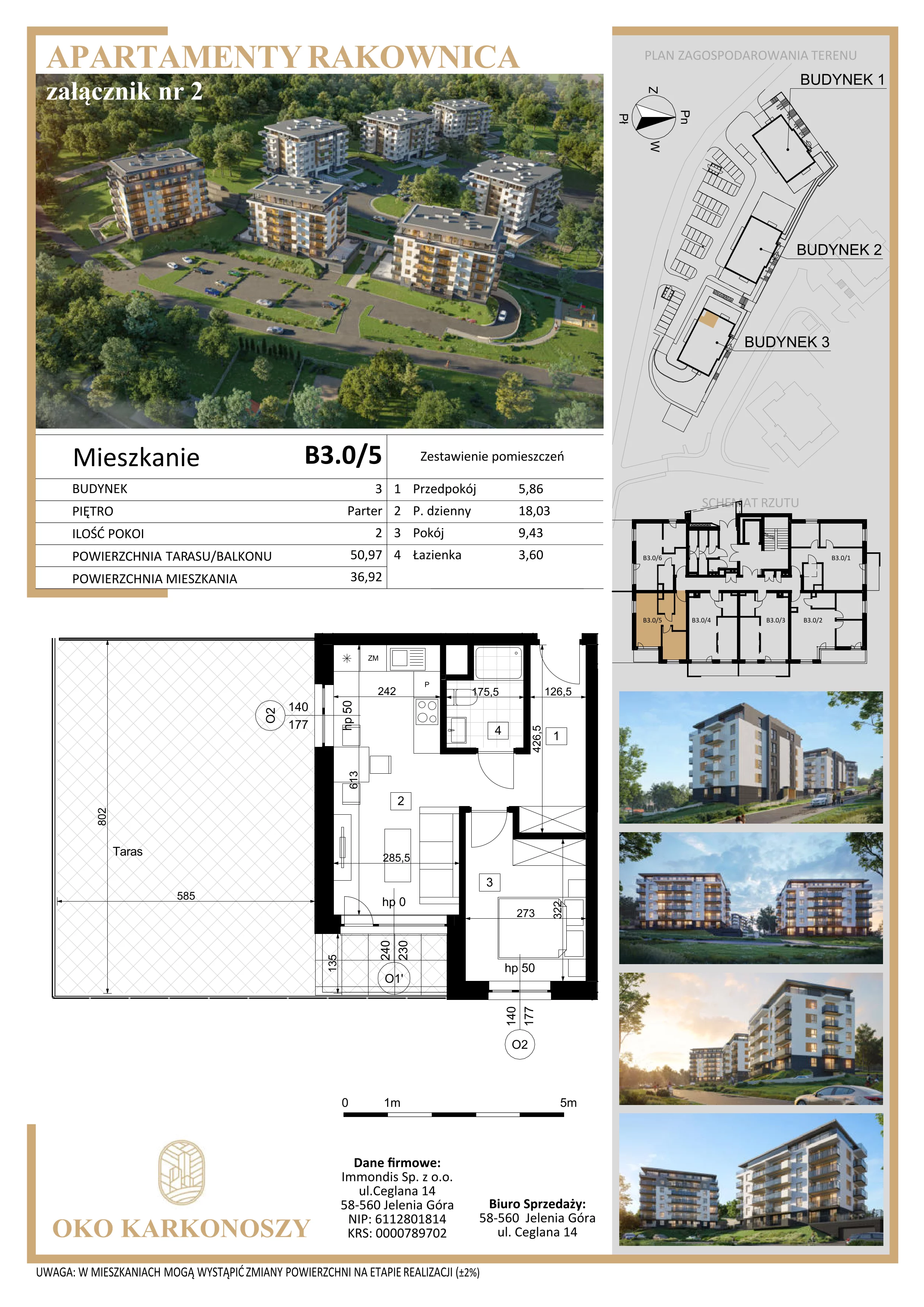 2 pokoje, mieszkanie 37,55 m², parter, oferta nr B3.0/5, Oko Karkonoszy Apartamenty Rakownica, Jelenia Góra, Śródmieście, ul. Okopowa