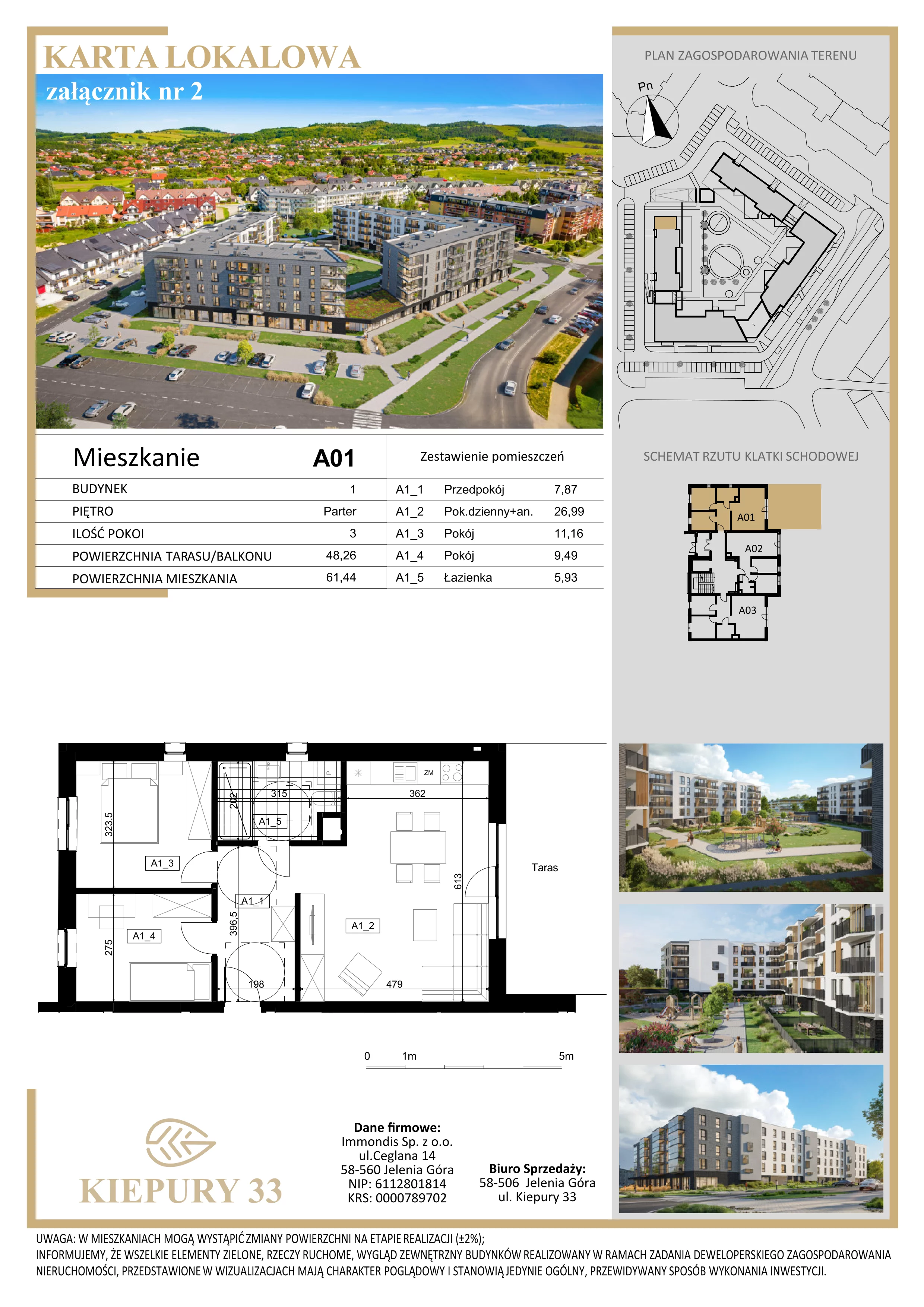 3 pokoje, mieszkanie 61,44 m², parter, oferta nr A01, Kiepury 33, Jelenia Góra, Zabobrze, ul. Jana Kiepury