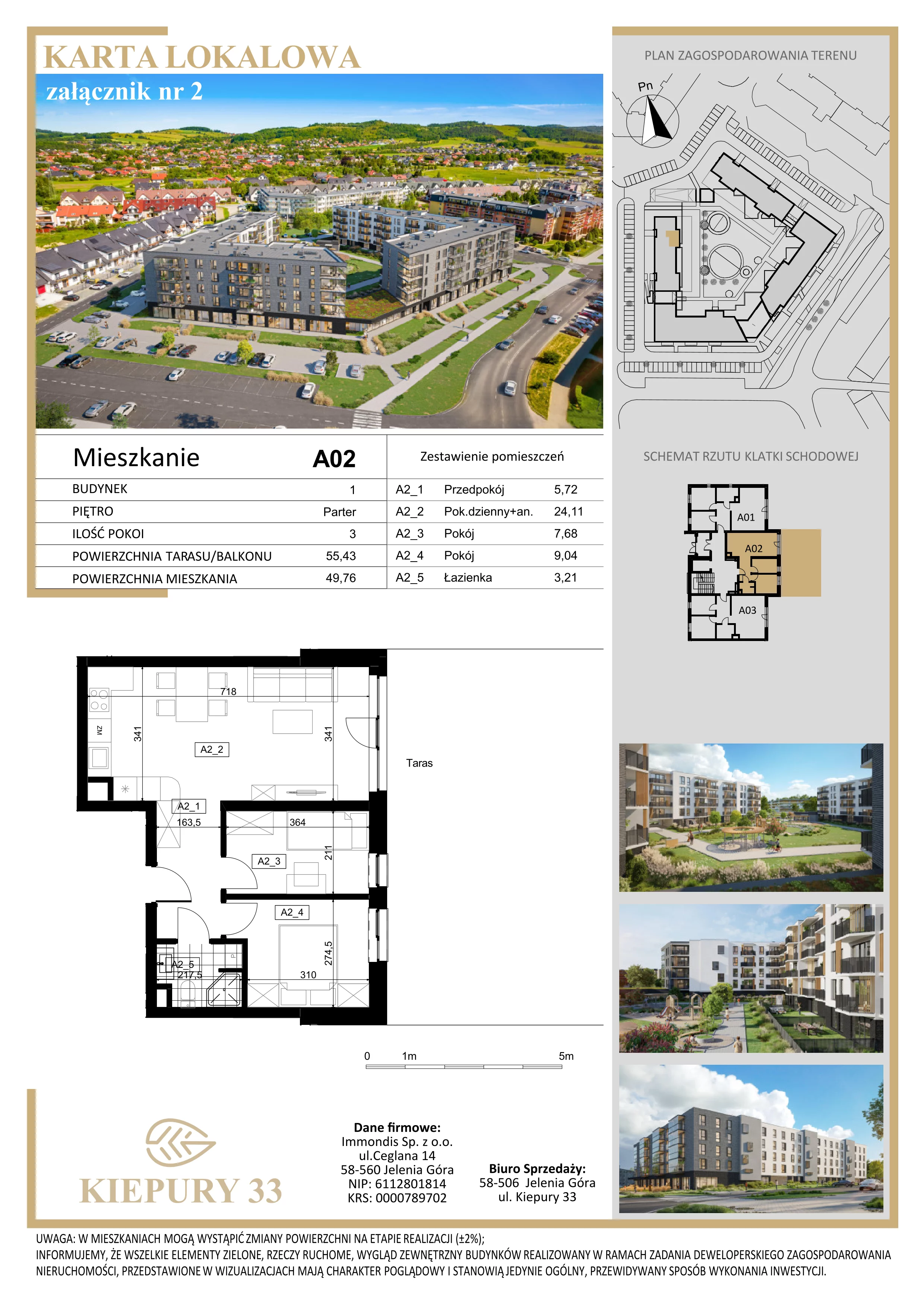 3 pokoje, mieszkanie 49,76 m², parter, oferta nr A02, Kiepury 33, Jelenia Góra, Zabobrze, ul. Jana Kiepury