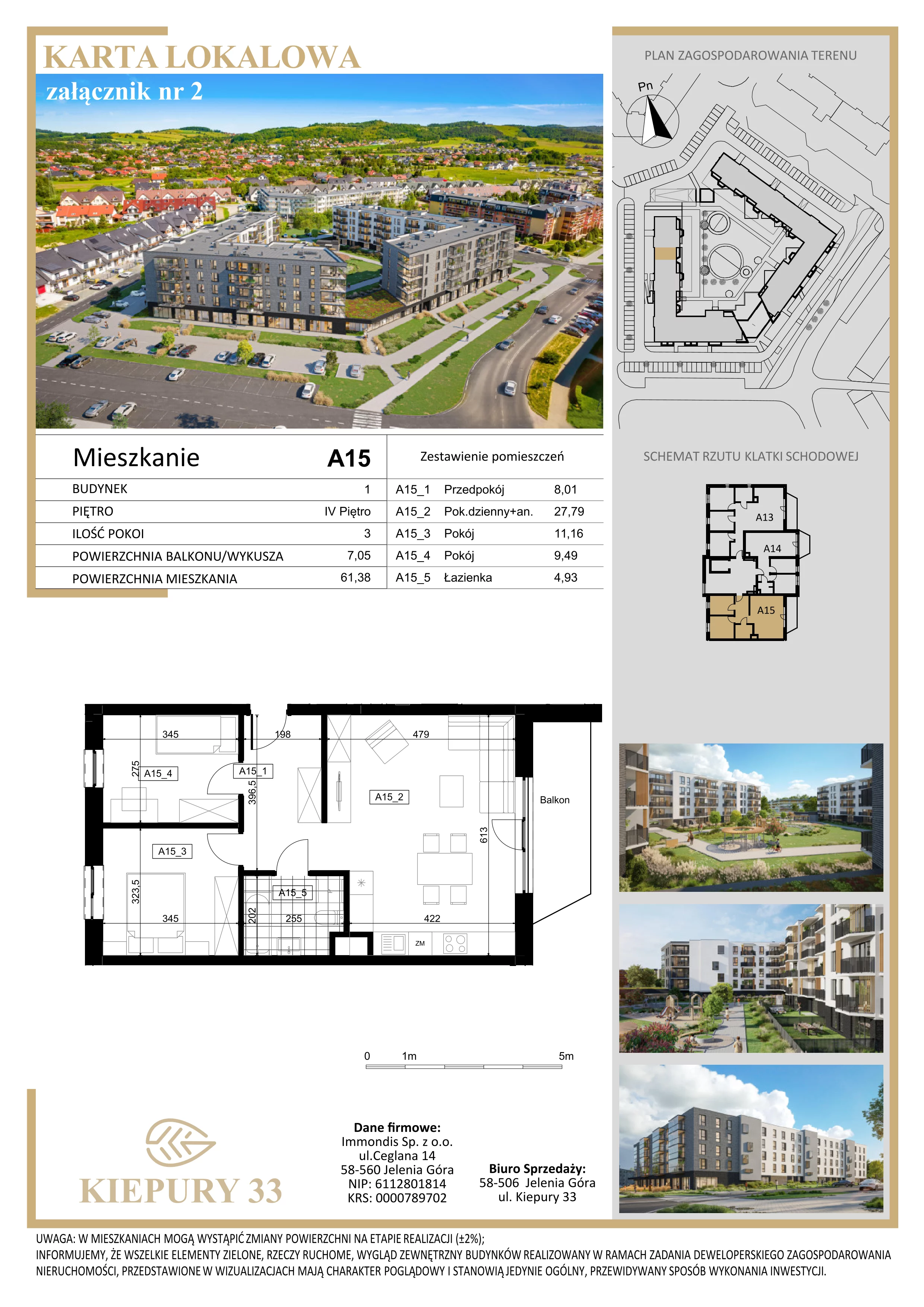 3 pokoje, mieszkanie 61,38 m², piętro 4, oferta nr A15, Kiepury 33, Jelenia Góra, Zabobrze, ul. Jana Kiepury