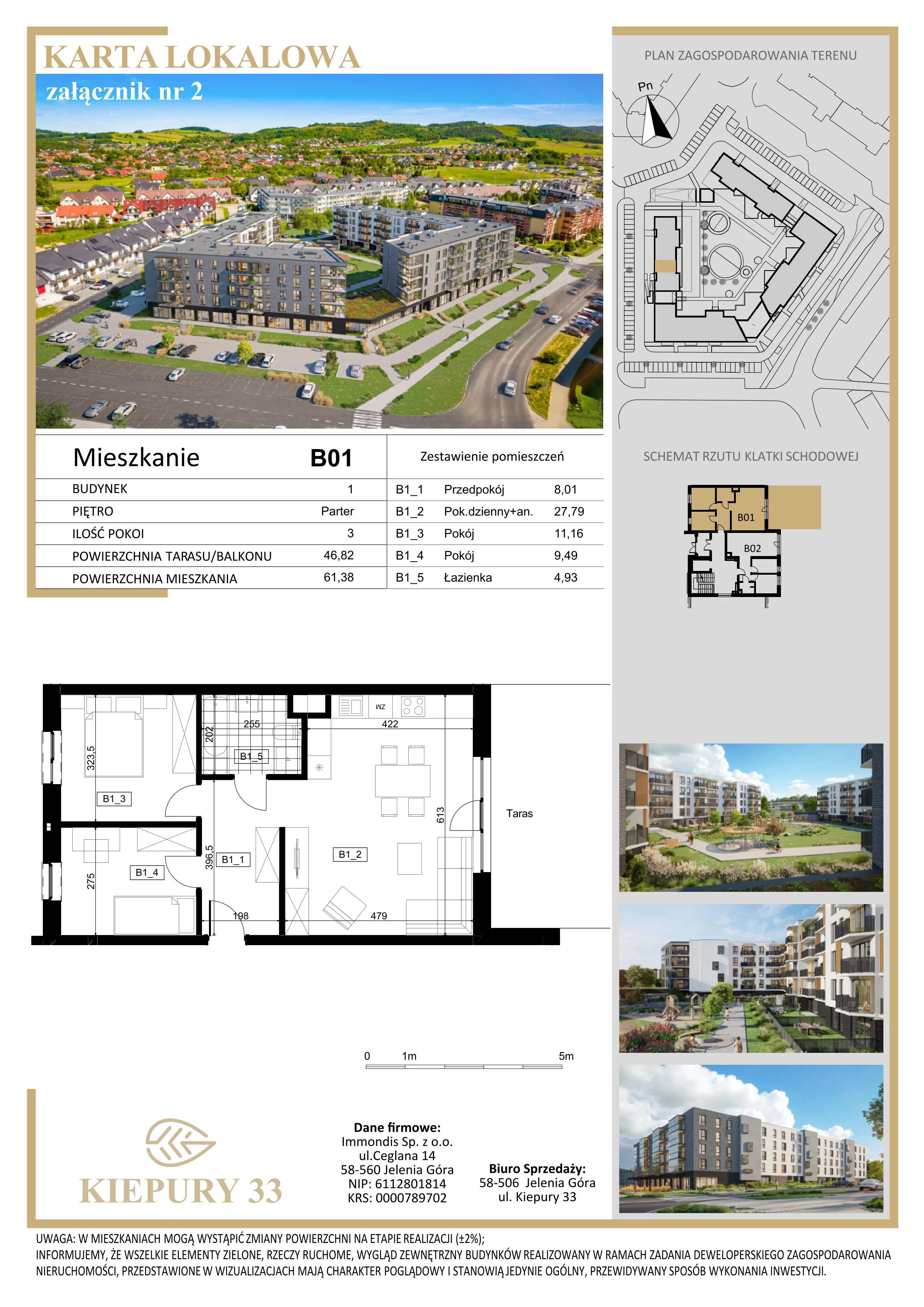 3 pokoje, mieszkanie 61,38 m², parter, oferta nr B01, Kiepury 33, Jelenia Góra, Zabobrze, ul. Jana Kiepury