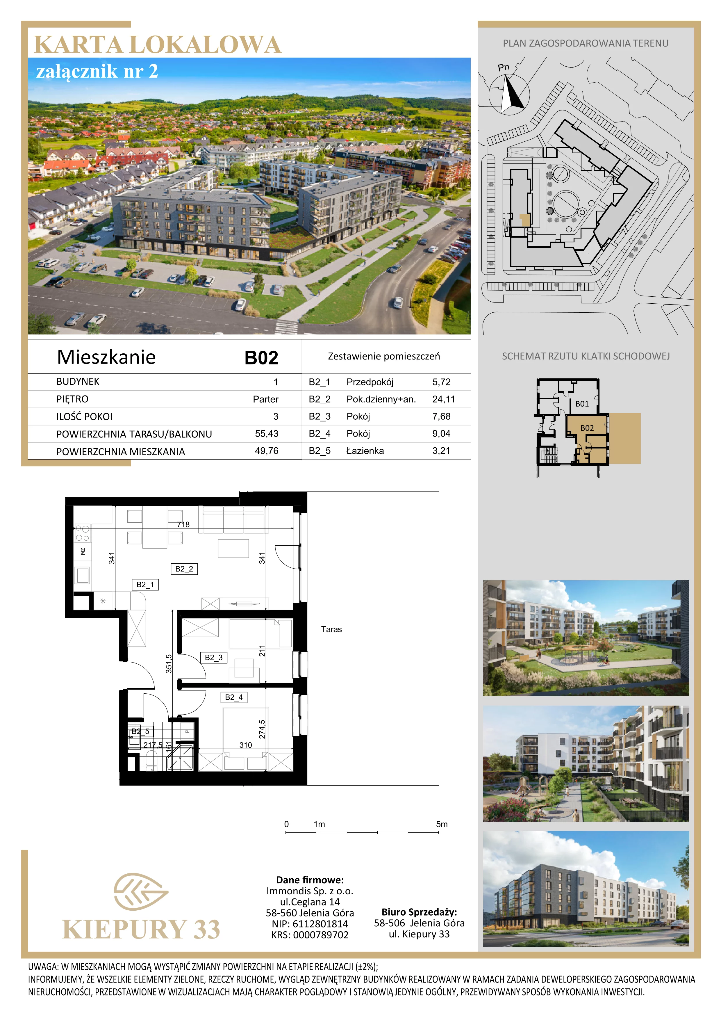 3 pokoje, mieszkanie 49,76 m², parter, oferta nr B02, Kiepury 33, Jelenia Góra, Zabobrze, ul. Jana Kiepury