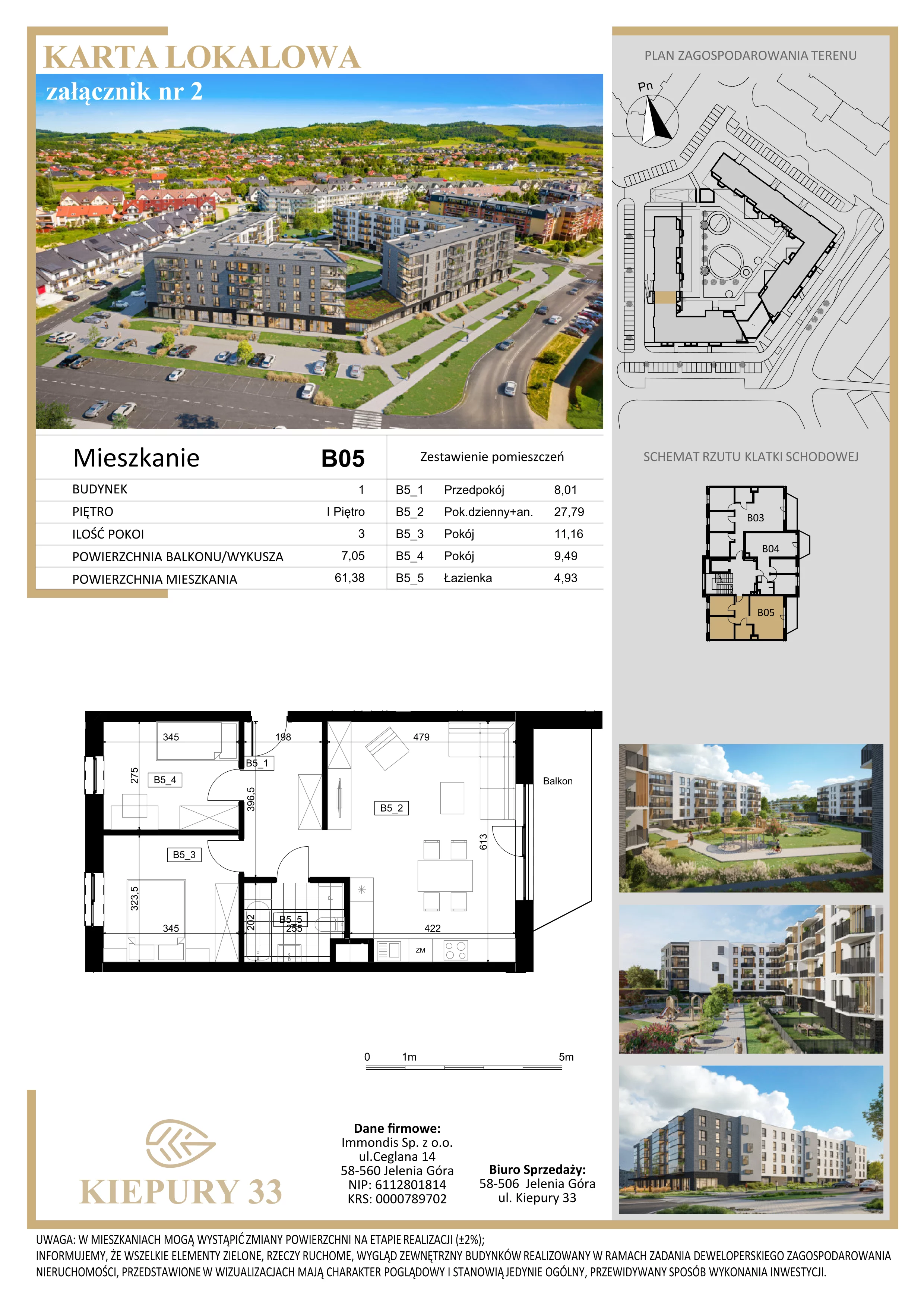 3 pokoje, mieszkanie 61,38 m², piętro 1, oferta nr B05, Kiepury 33, Jelenia Góra, Zabobrze, ul. Jana Kiepury