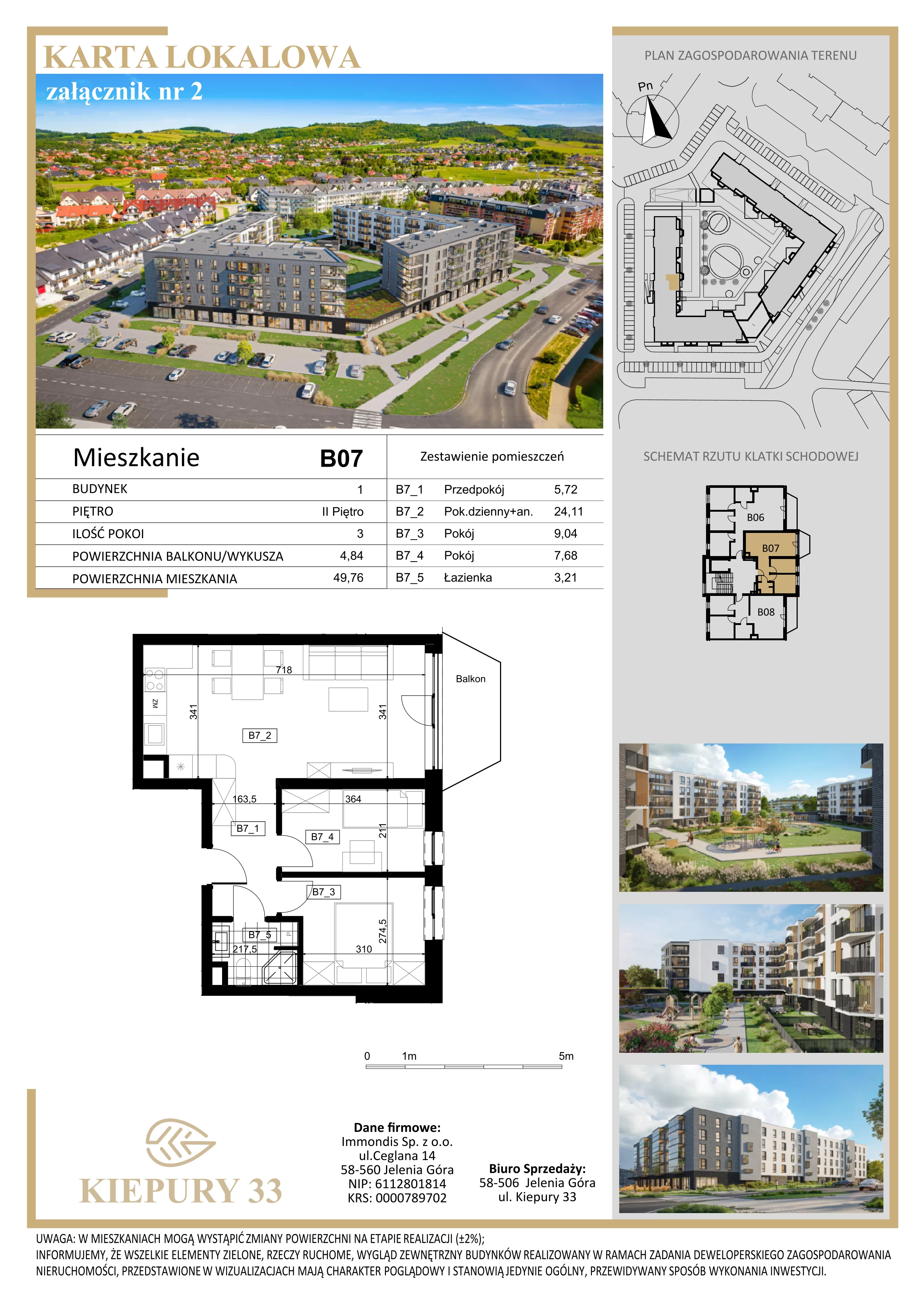 3 pokoje, mieszkanie 49,76 m², piętro 2, oferta nr B07, Kiepury 33, Jelenia Góra, Zabobrze, ul. Jana Kiepury