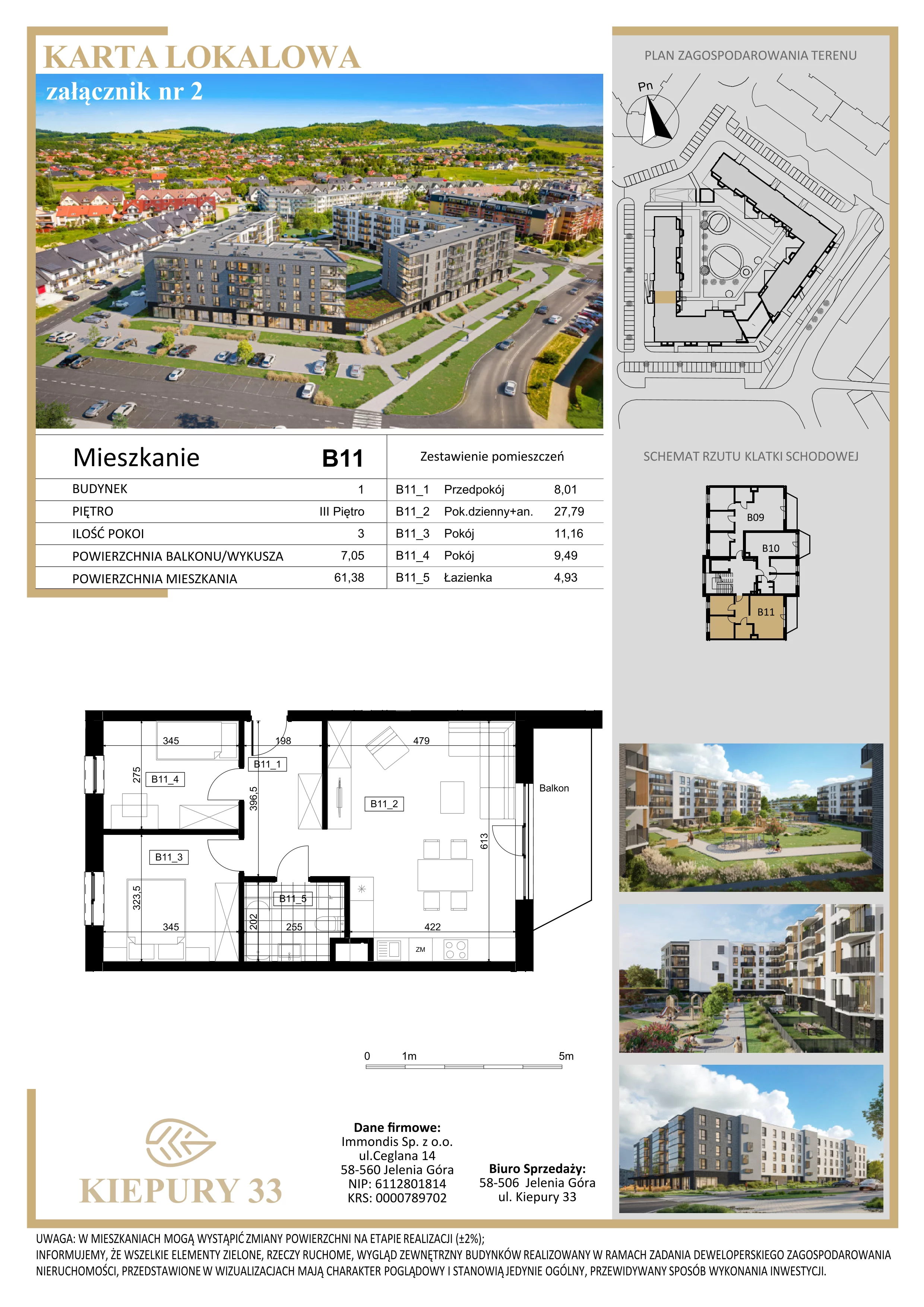 3 pokoje, mieszkanie 61,38 m², piętro 3, oferta nr B11, Kiepury 33, Jelenia Góra, Zabobrze, ul. Jana Kiepury