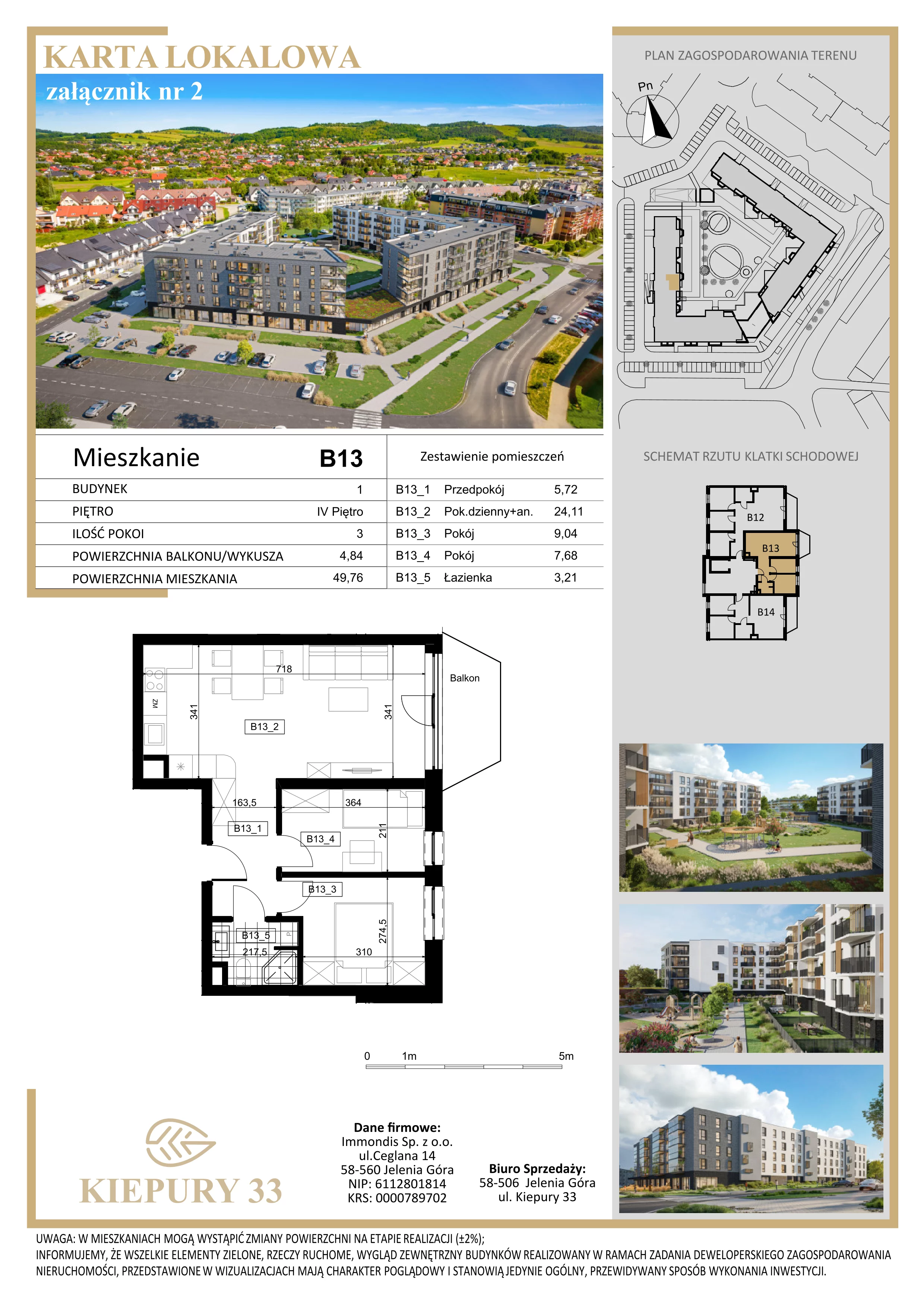3 pokoje, mieszkanie 49,76 m², piętro 4, oferta nr B13, Kiepury 33, Jelenia Góra, Zabobrze, ul. Jana Kiepury