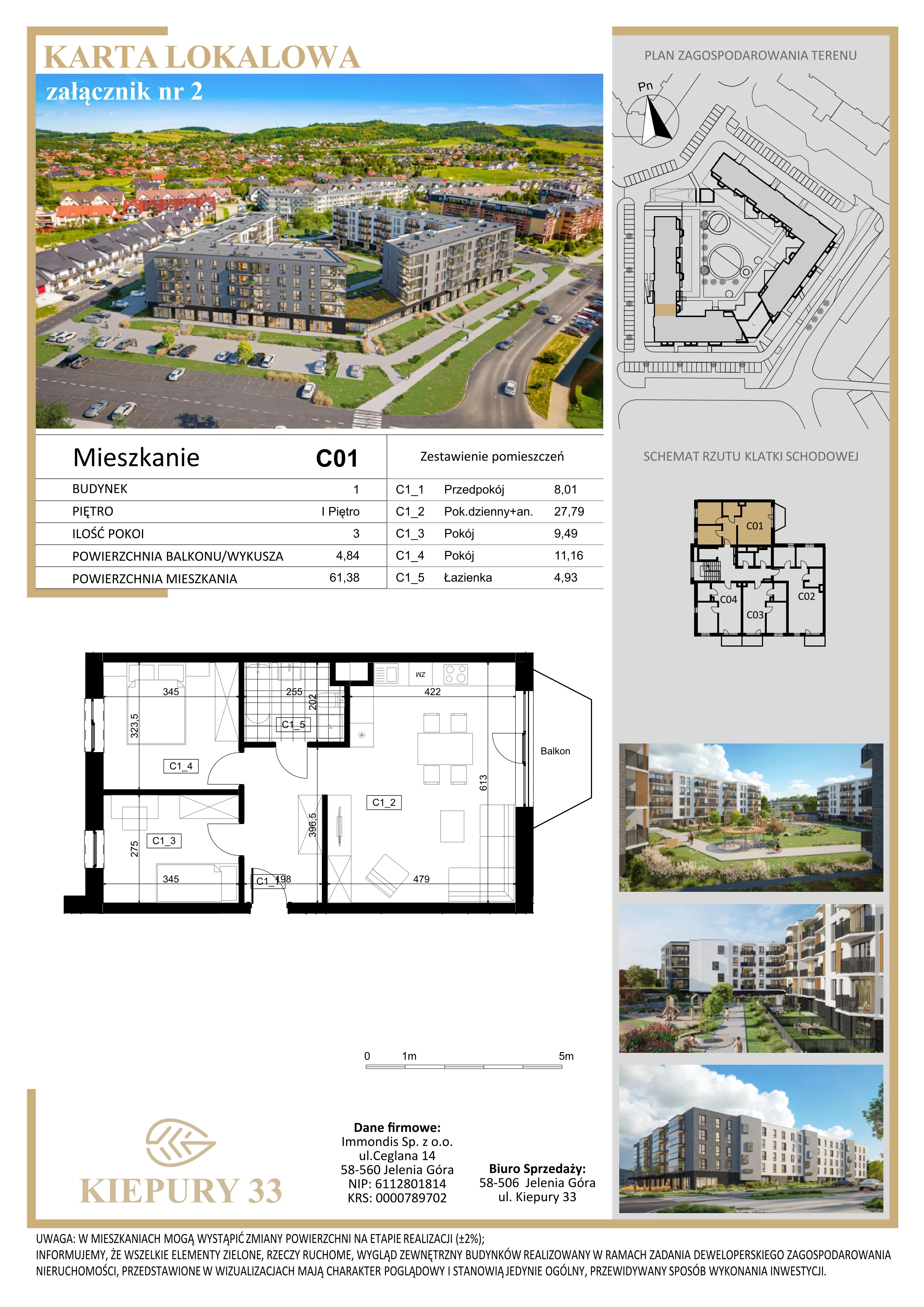 3 pokoje, mieszkanie 61,38 m², piętro 1, oferta nr C01, Kiepury 33, Jelenia Góra, Zabobrze, ul. Jana Kiepury