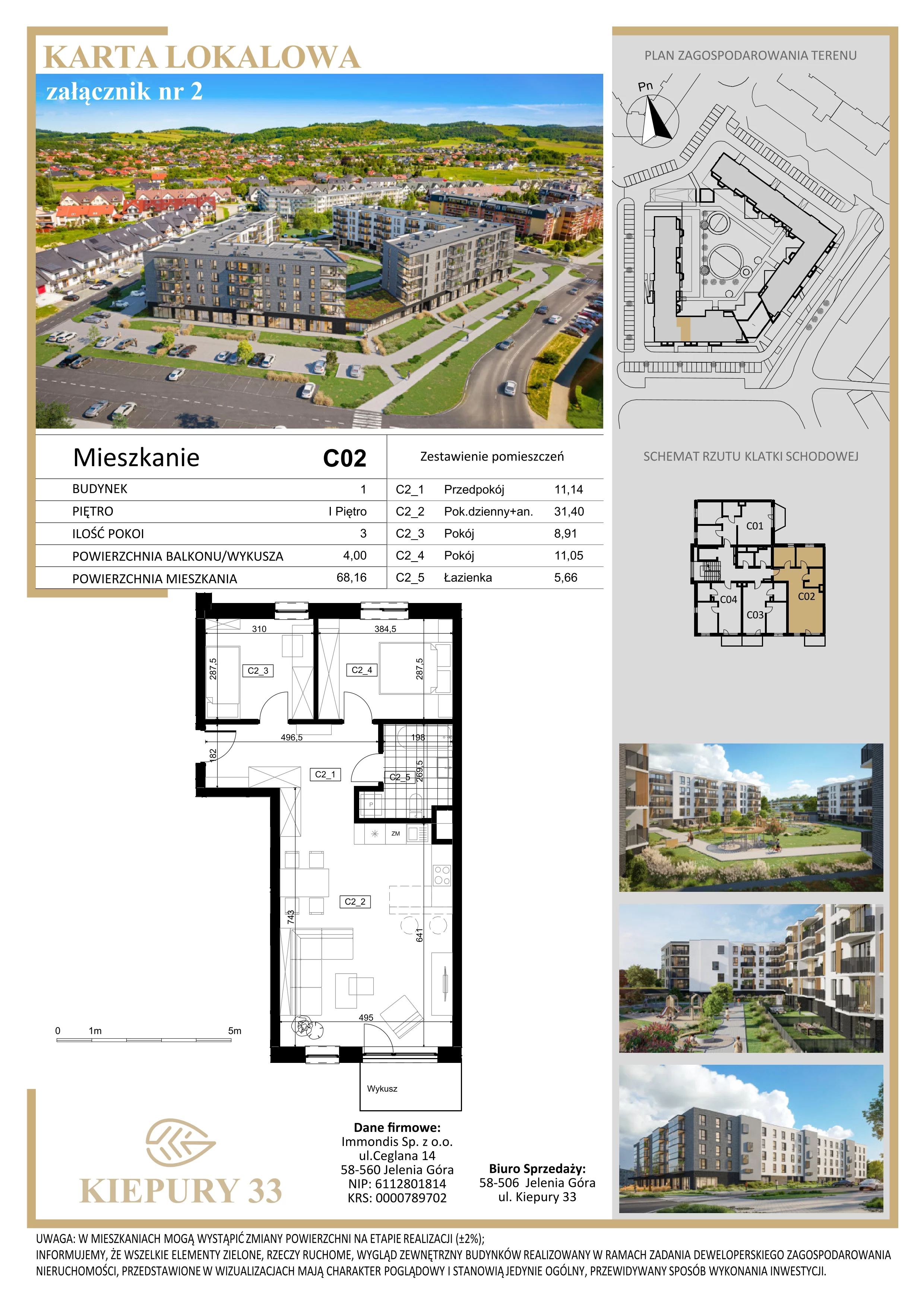 3 pokoje, mieszkanie 68,16 m², piętro 1, oferta nr C02, Kiepury 33, Jelenia Góra, Zabobrze, ul. Jana Kiepury