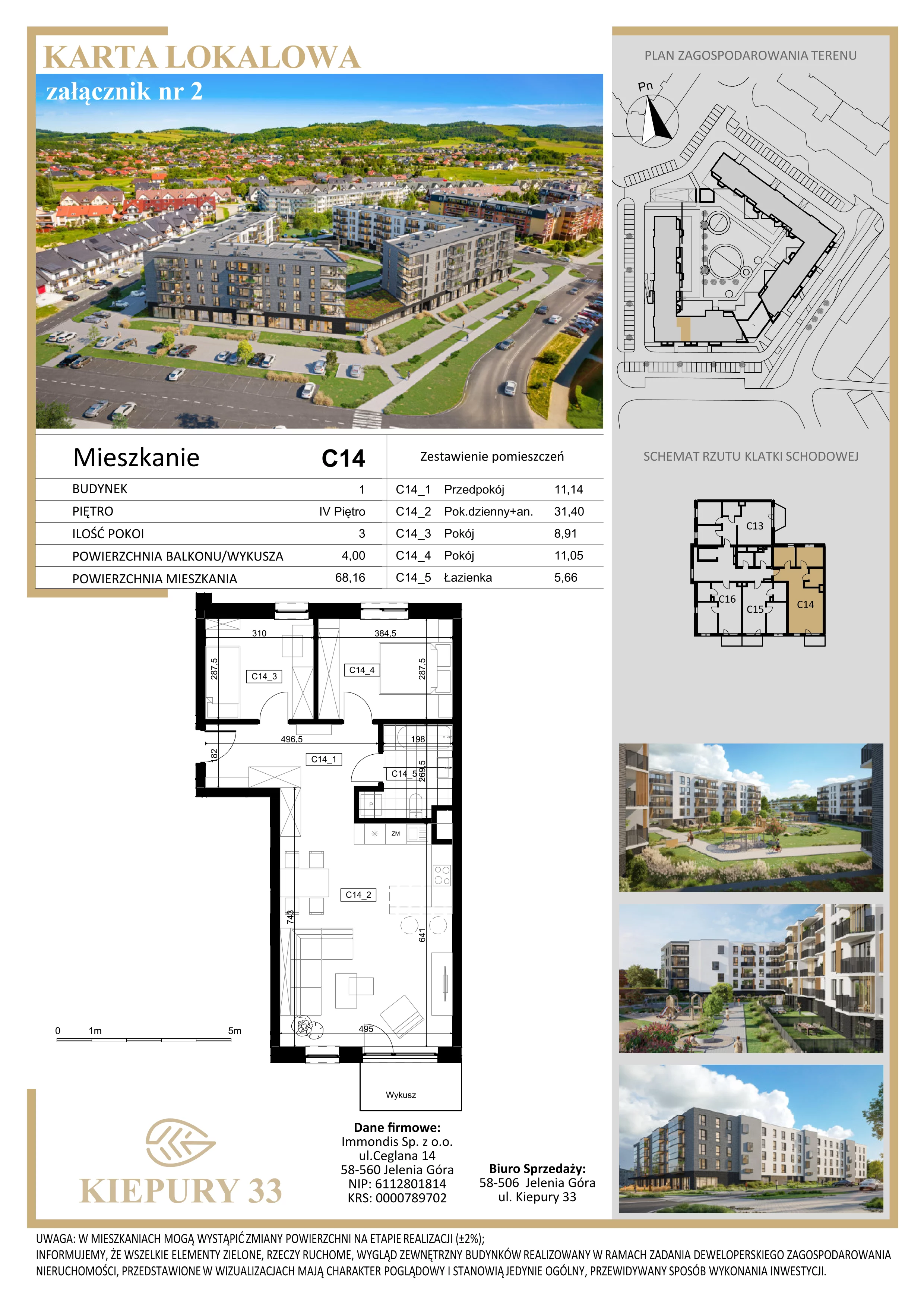 3 pokoje, mieszkanie 68,16 m², piętro 4, oferta nr C14, Kiepury 33, Jelenia Góra, Zabobrze, ul. Jana Kiepury