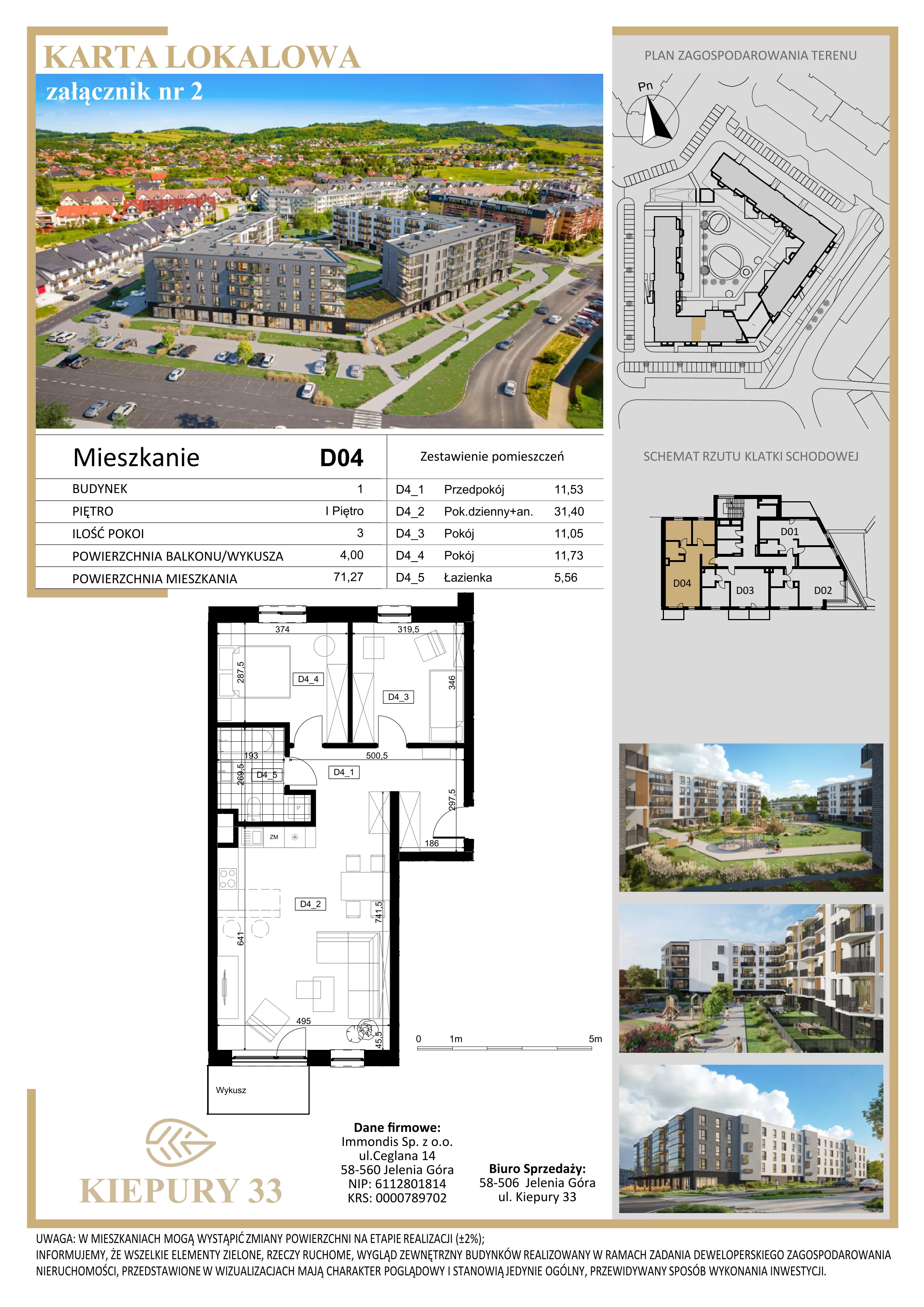 3 pokoje, mieszkanie 71,27 m², piętro 1, oferta nr D04, Kiepury 33, Jelenia Góra, Zabobrze, ul. Jana Kiepury