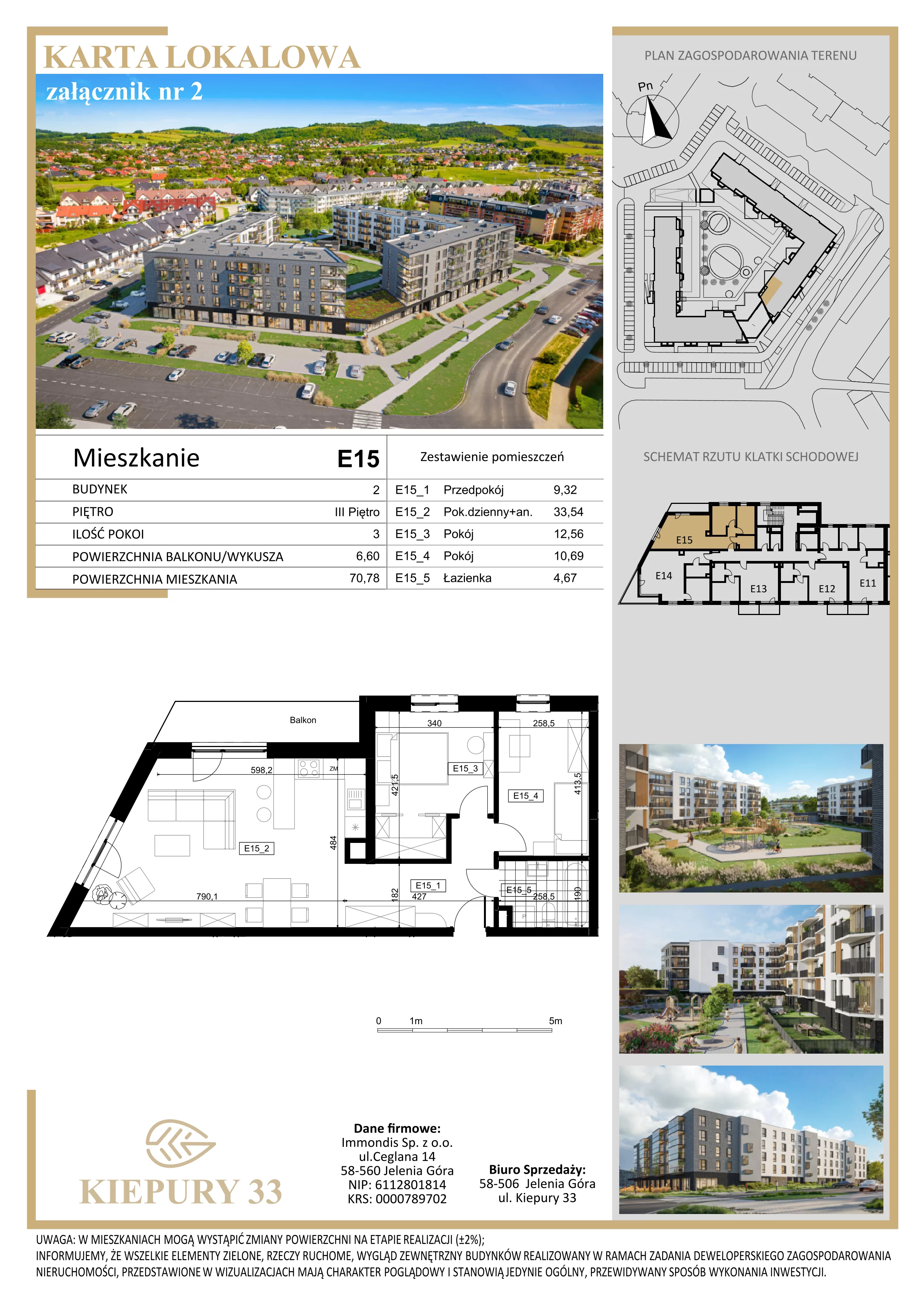 3 pokoje, mieszkanie 70,78 m², piętro 3, oferta nr E15, Kiepury 33, Jelenia Góra, Zabobrze, ul. Jana Kiepury