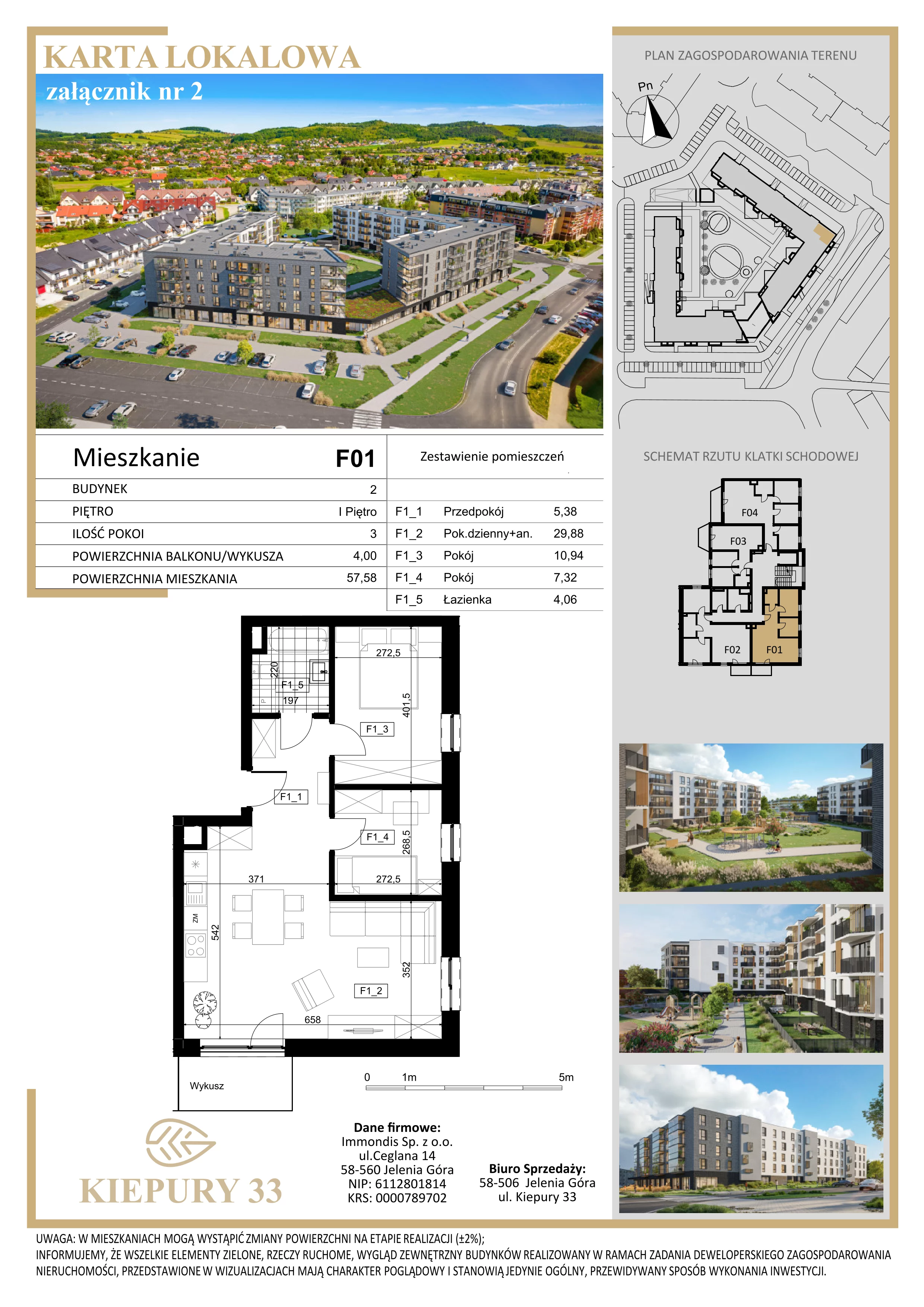 3 pokoje, mieszkanie 57,58 m², piętro 1, oferta nr F01, Kiepury 33, Jelenia Góra, Zabobrze, ul. Jana Kiepury