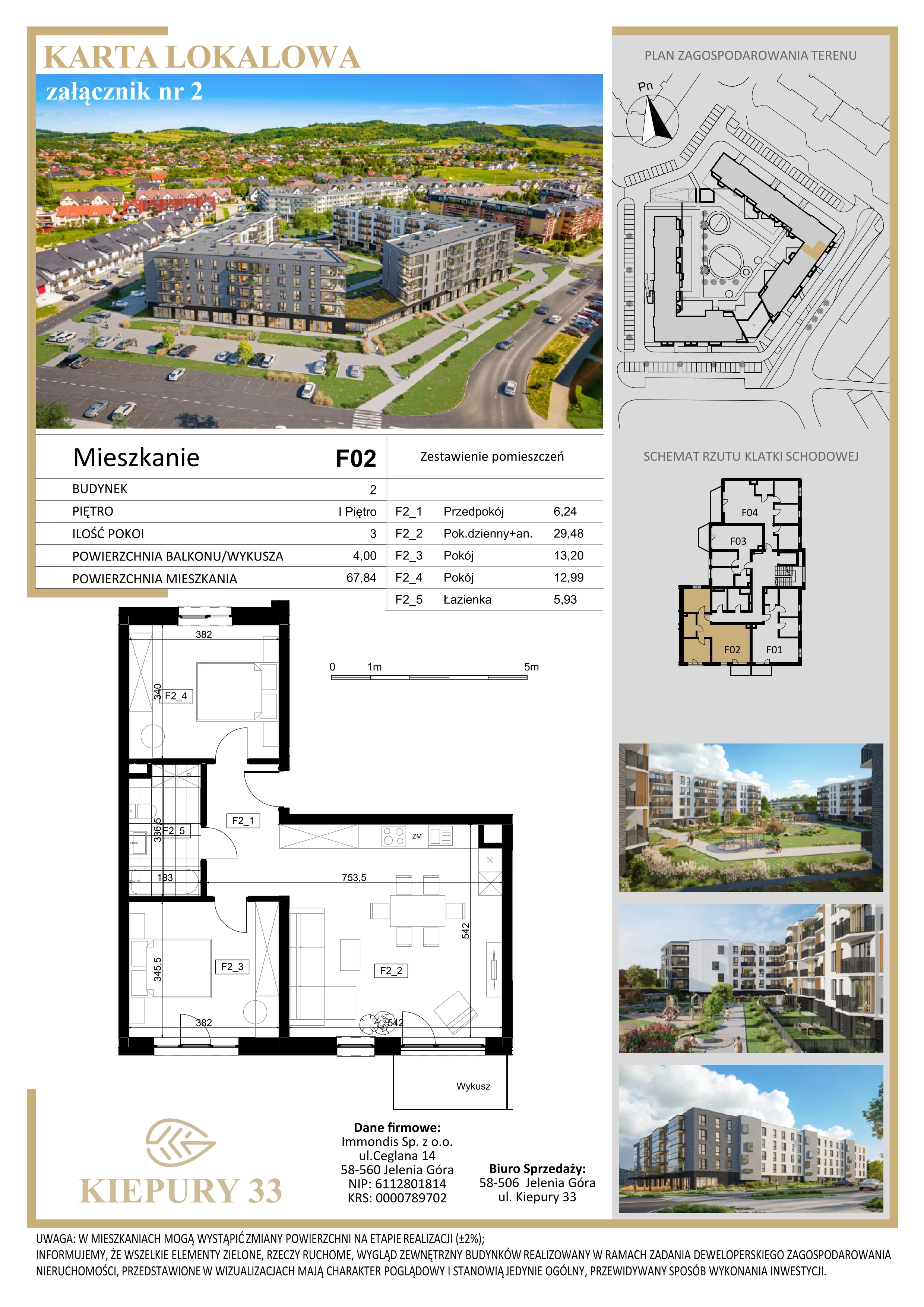 3 pokoje, mieszkanie 67,84 m², piętro 1, oferta nr F02, Kiepury 33, Jelenia Góra, Zabobrze, ul. Jana Kiepury
