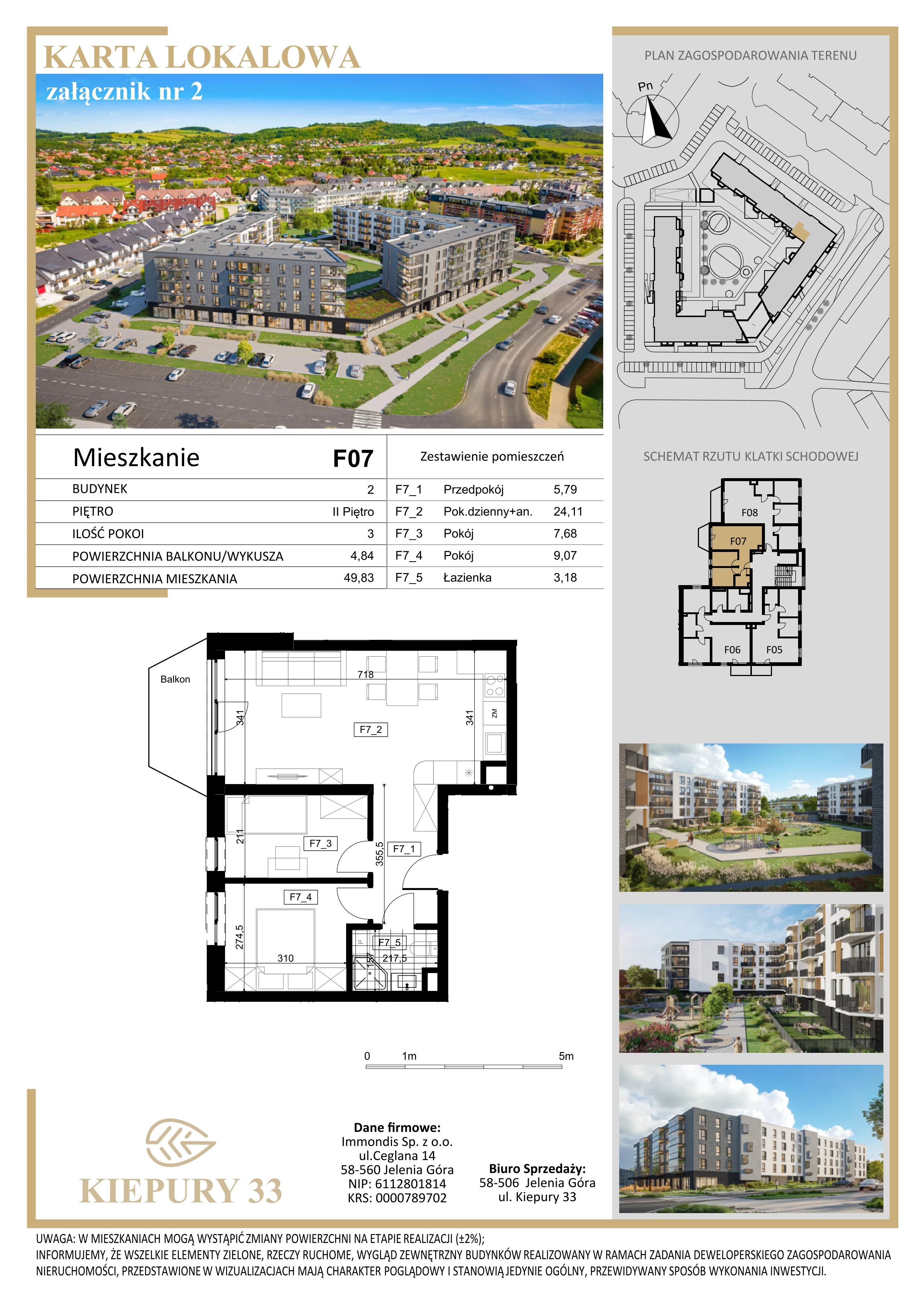 3 pokoje, mieszkanie 49,83 m², piętro 2, oferta nr F07, Kiepury 33, Jelenia Góra, Zabobrze, ul. Jana Kiepury