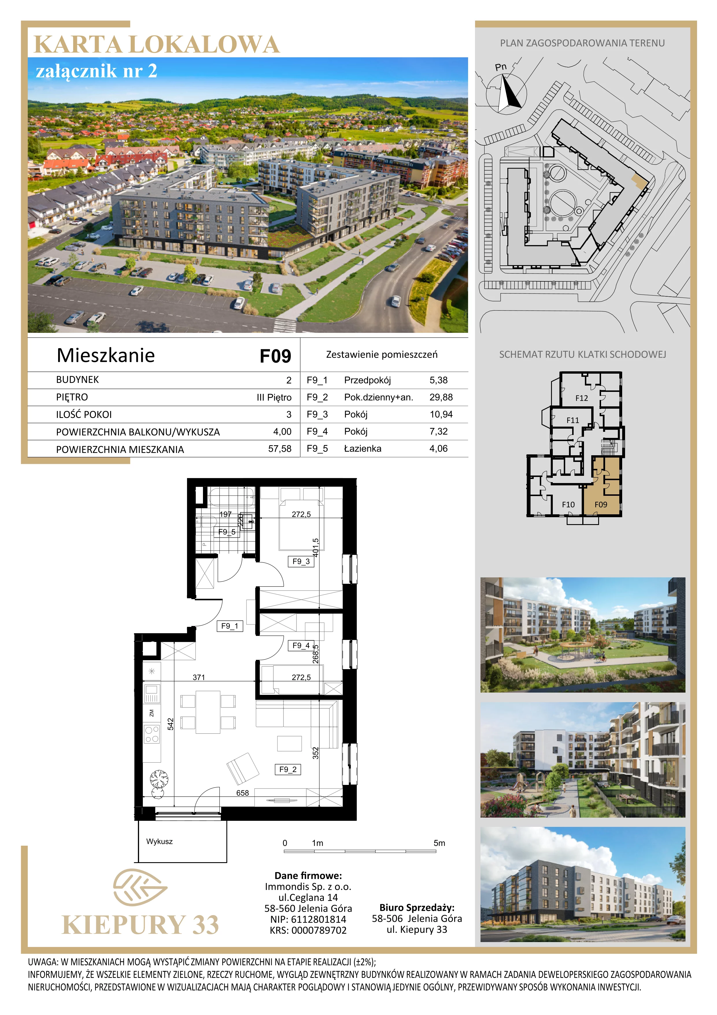 3 pokoje, mieszkanie 57,58 m², piętro 3, oferta nr F09, Kiepury 33, Jelenia Góra, Zabobrze, ul. Jana Kiepury