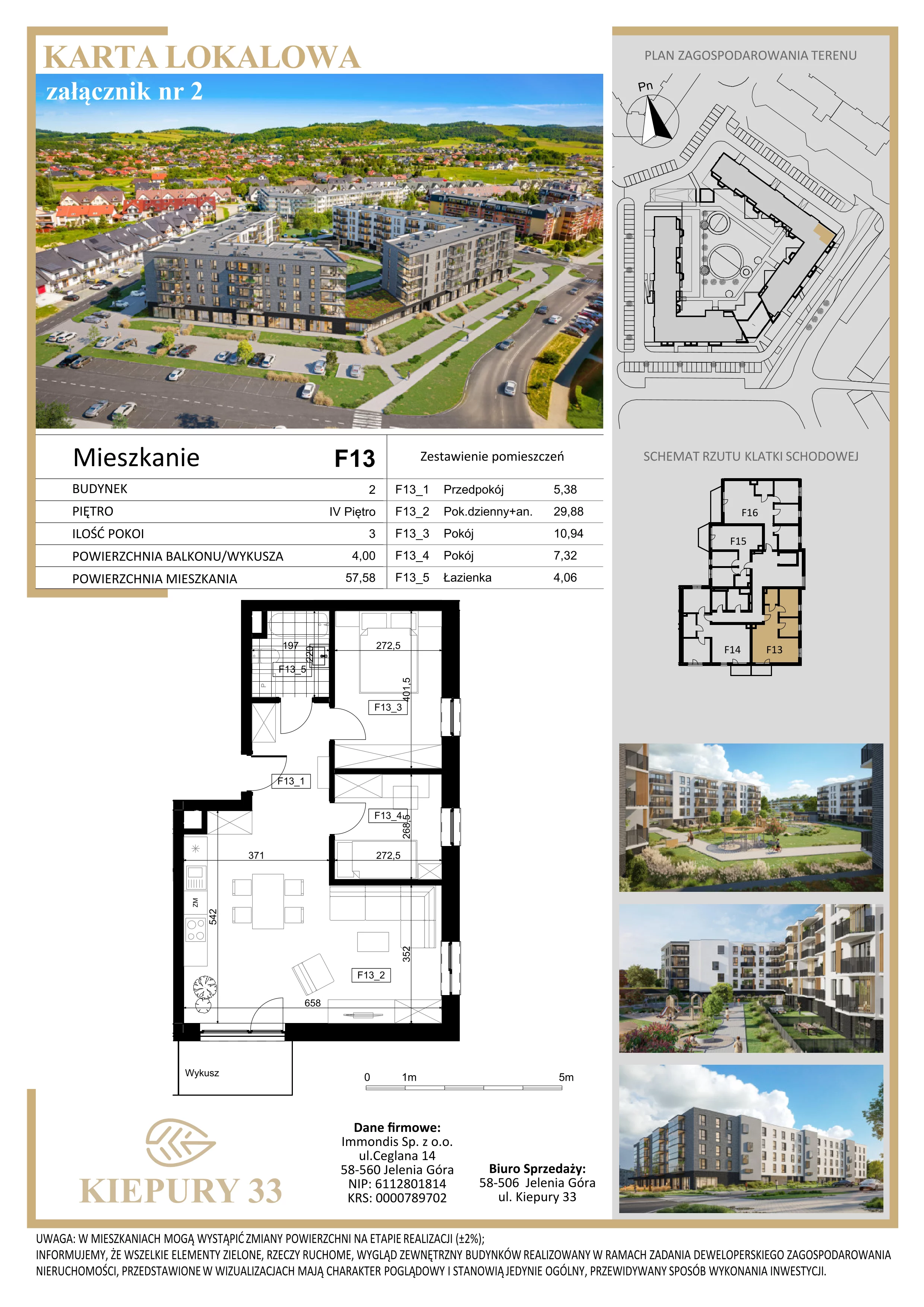 3 pokoje, mieszkanie 57,58 m², piętro 4, oferta nr F13, Kiepury 33, Jelenia Góra, Zabobrze, ul. Jana Kiepury