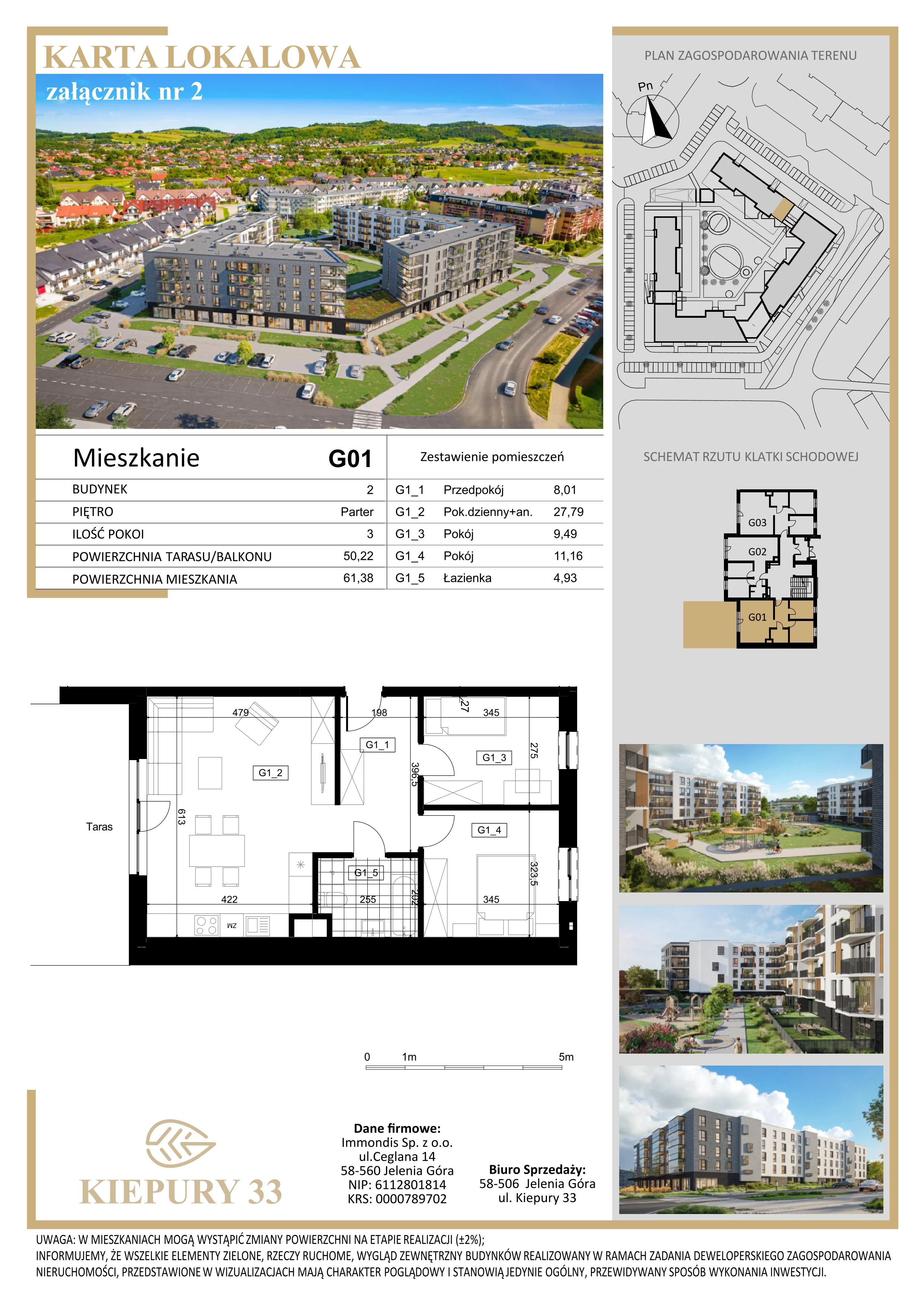 3 pokoje, mieszkanie 61,38 m², parter, oferta nr G01, Kiepury 33, Jelenia Góra, Zabobrze, ul. Jana Kiepury