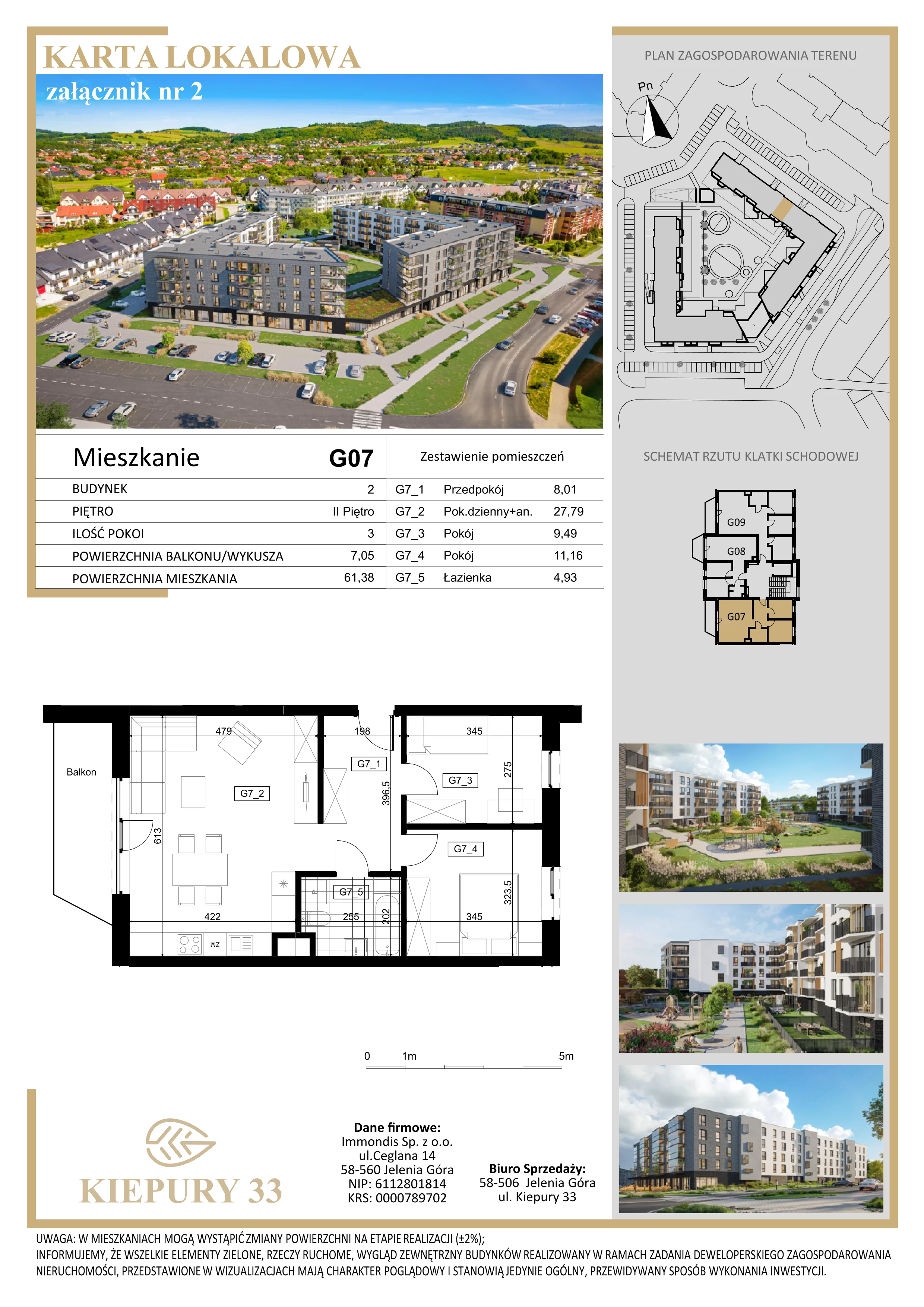 3 pokoje, mieszkanie 61,38 m², piętro 2, oferta nr G07, Kiepury 33, Jelenia Góra, Zabobrze, ul. Jana Kiepury