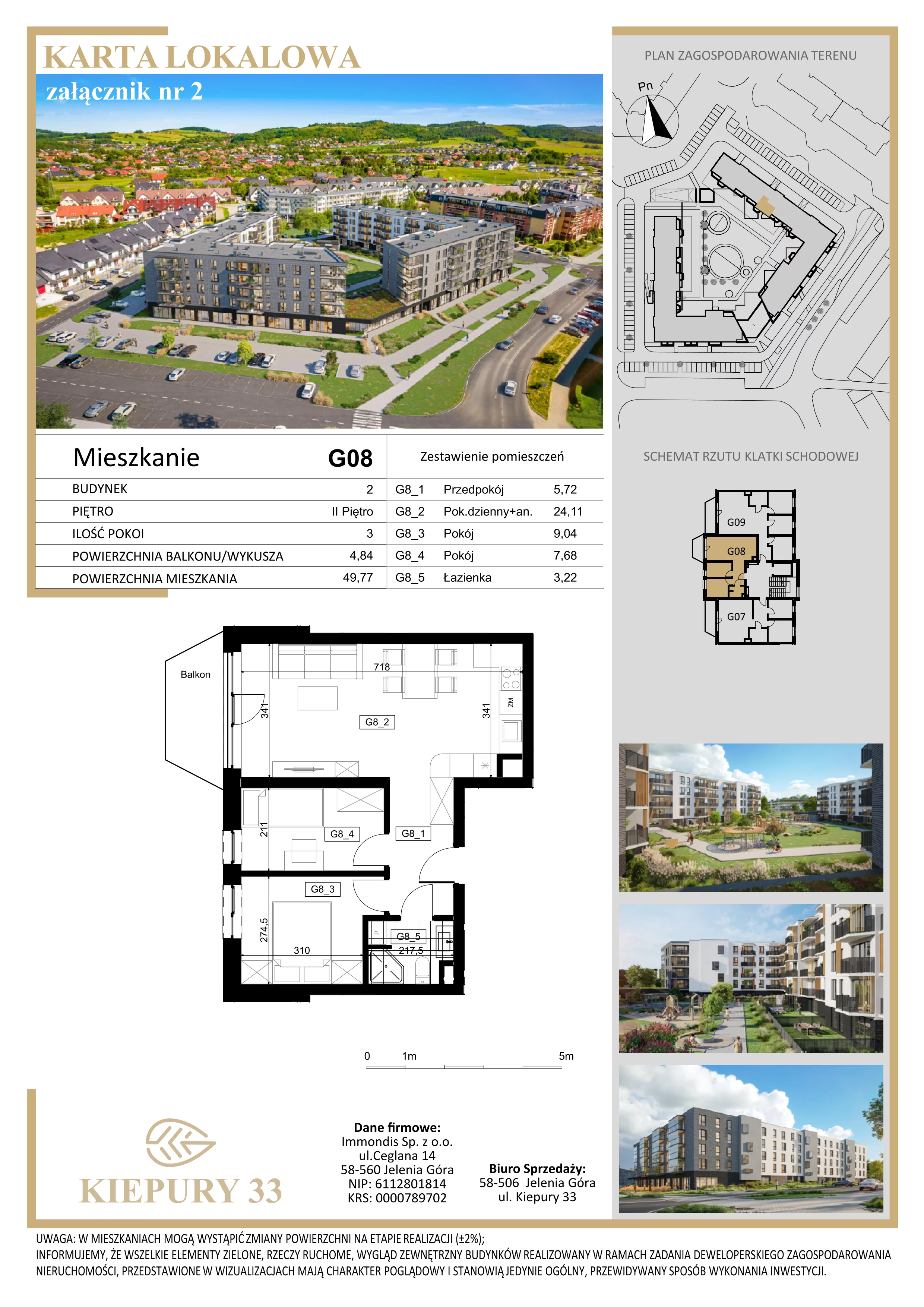 3 pokoje, mieszkanie 49,77 m², piętro 2, oferta nr G08, Kiepury 33, Jelenia Góra, Zabobrze, ul. Jana Kiepury