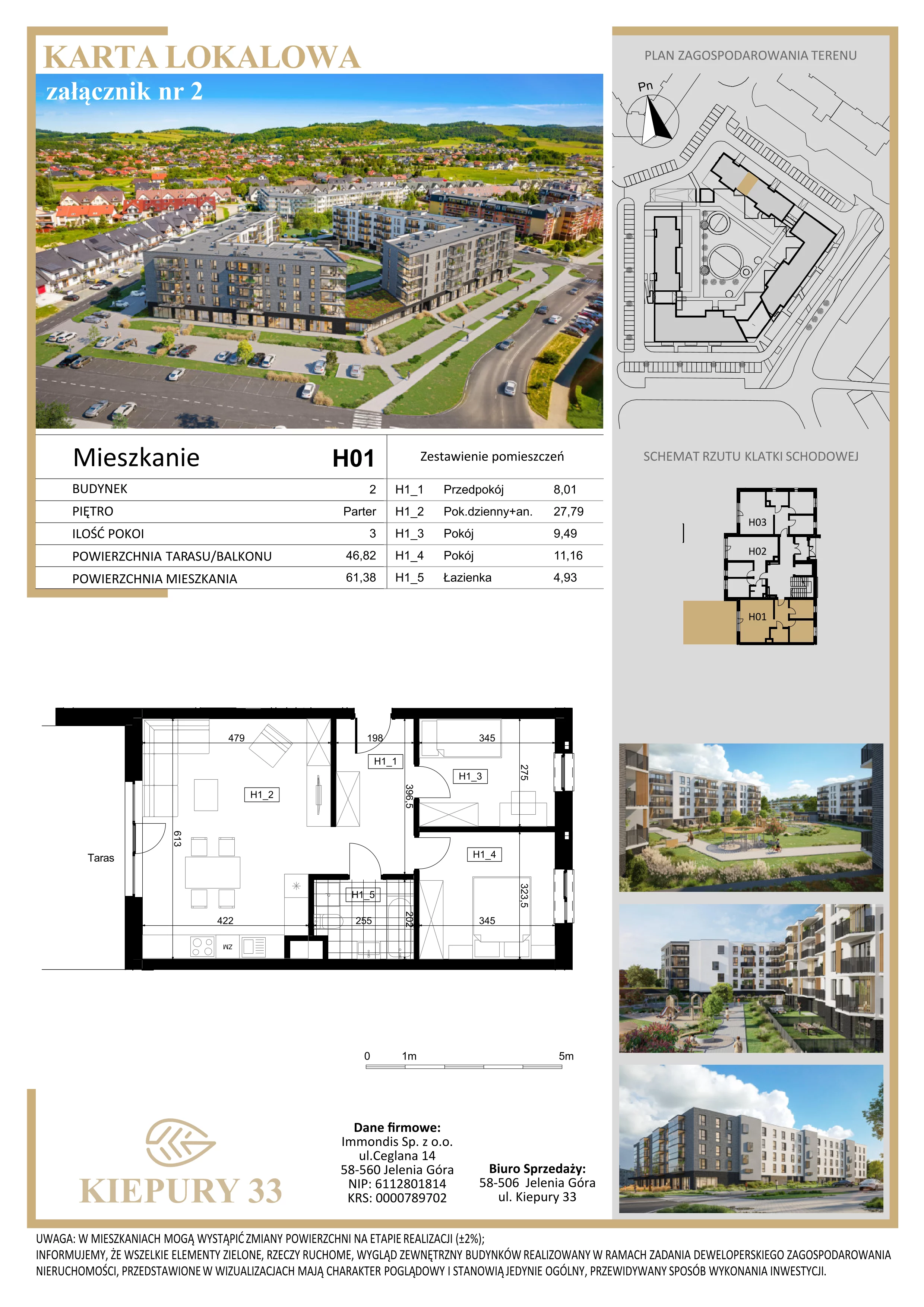 3 pokoje, mieszkanie 61,38 m², parter, oferta nr H01, Kiepury 33, Jelenia Góra, Zabobrze, ul. Jana Kiepury