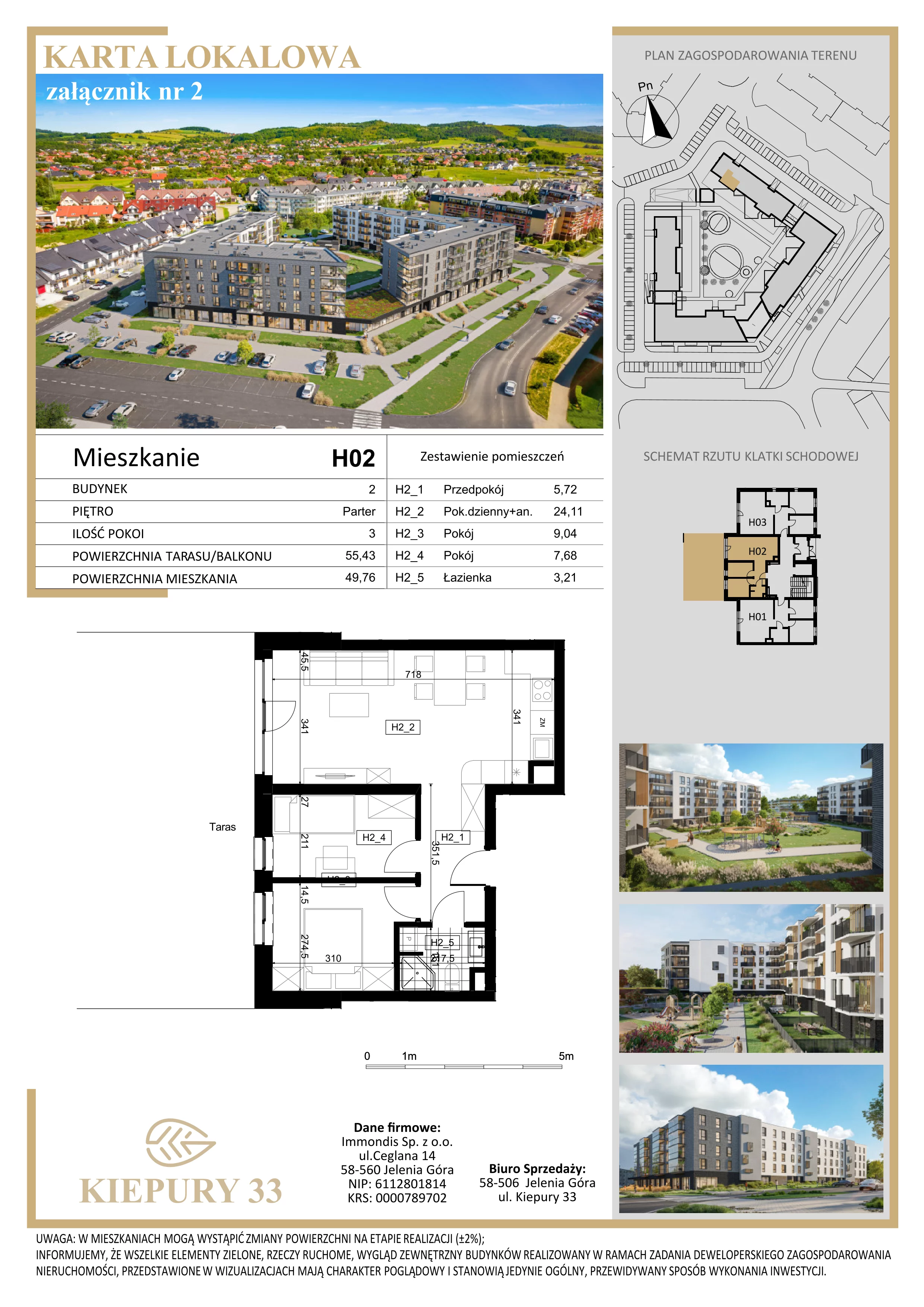 3 pokoje, mieszkanie 49,76 m², parter, oferta nr H02, Kiepury 33, Jelenia Góra, Zabobrze, ul. Jana Kiepury