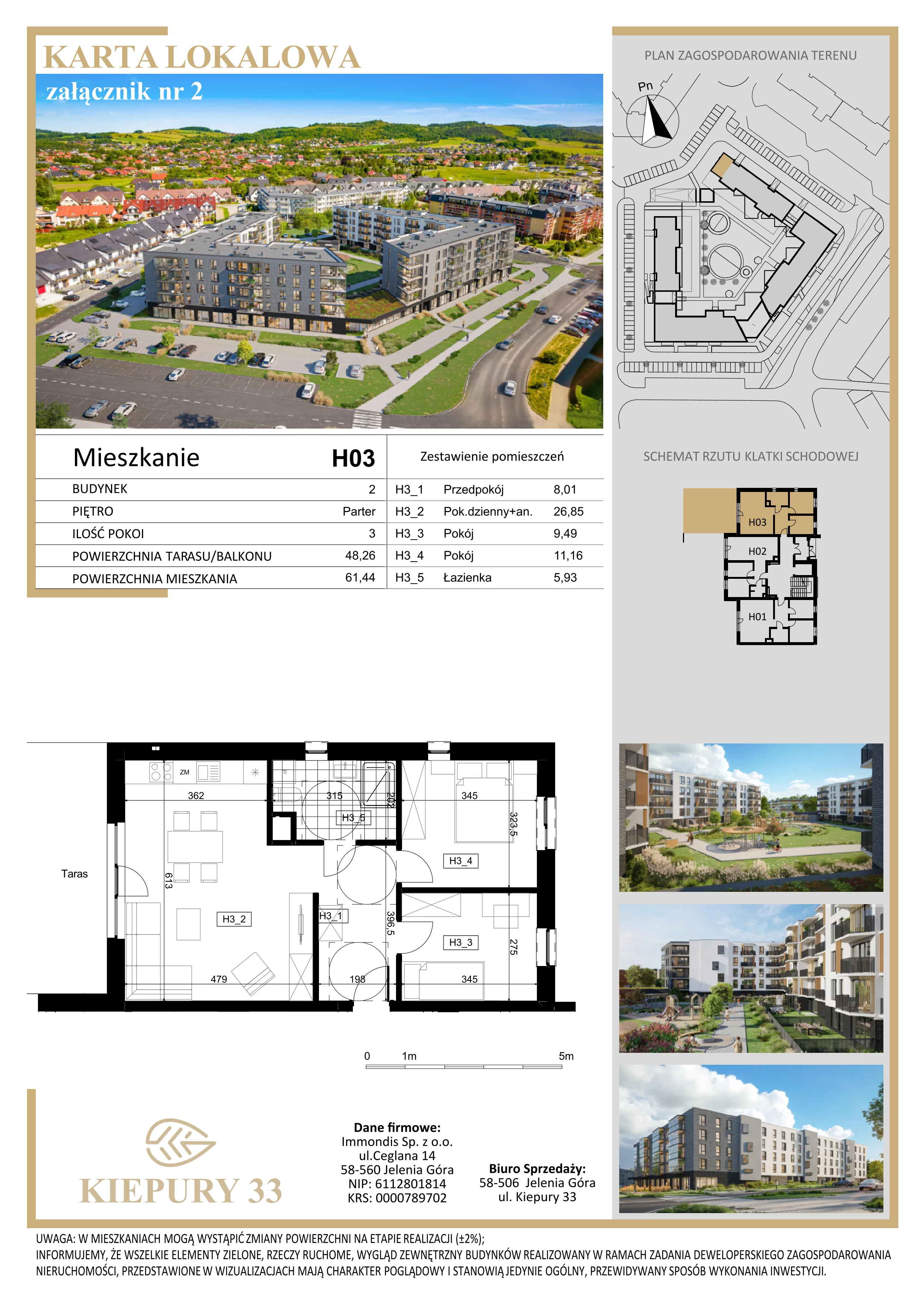 3 pokoje, mieszkanie 61,44 m², parter, oferta nr H03, Kiepury 33, Jelenia Góra, Zabobrze, ul. Jana Kiepury