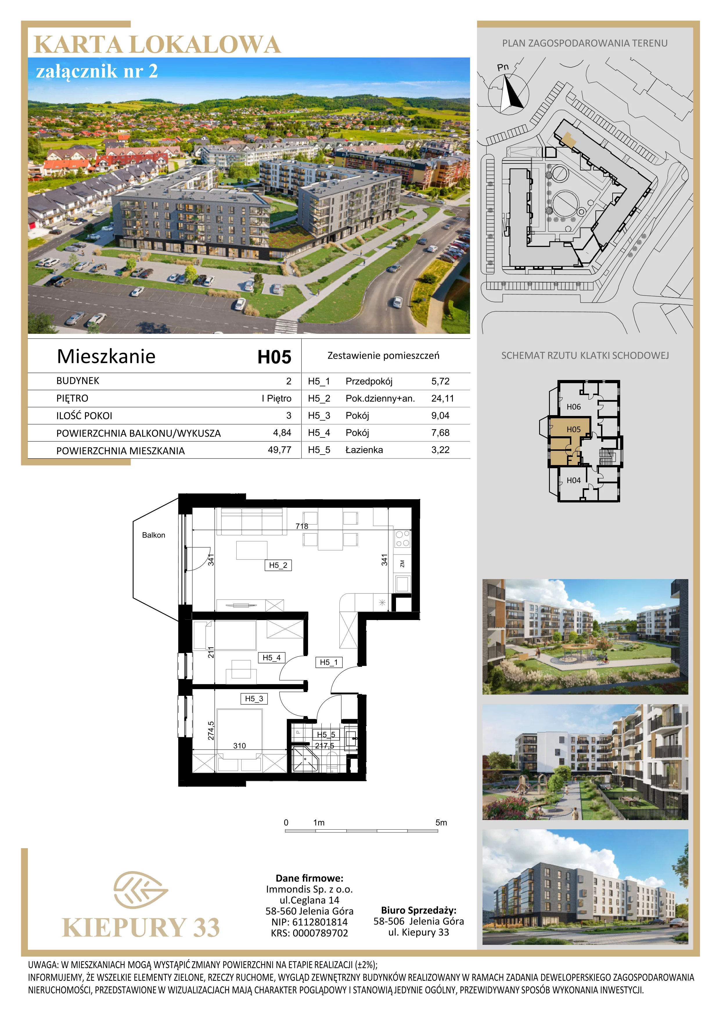 3 pokoje, mieszkanie 49,77 m², piętro 1, oferta nr H05, Kiepury 33, Jelenia Góra, Zabobrze, ul. Jana Kiepury