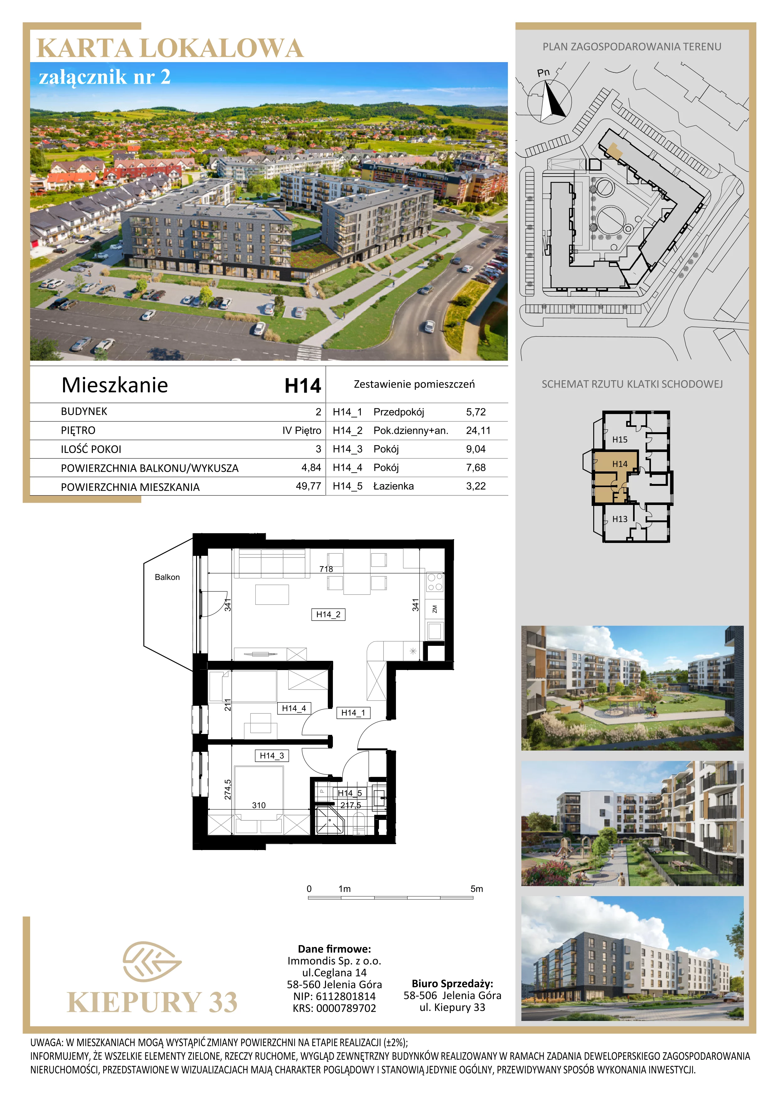 3 pokoje, mieszkanie 49,77 m², piętro 4, oferta nr H14, Kiepury 33, Jelenia Góra, Zabobrze, ul. Jana Kiepury