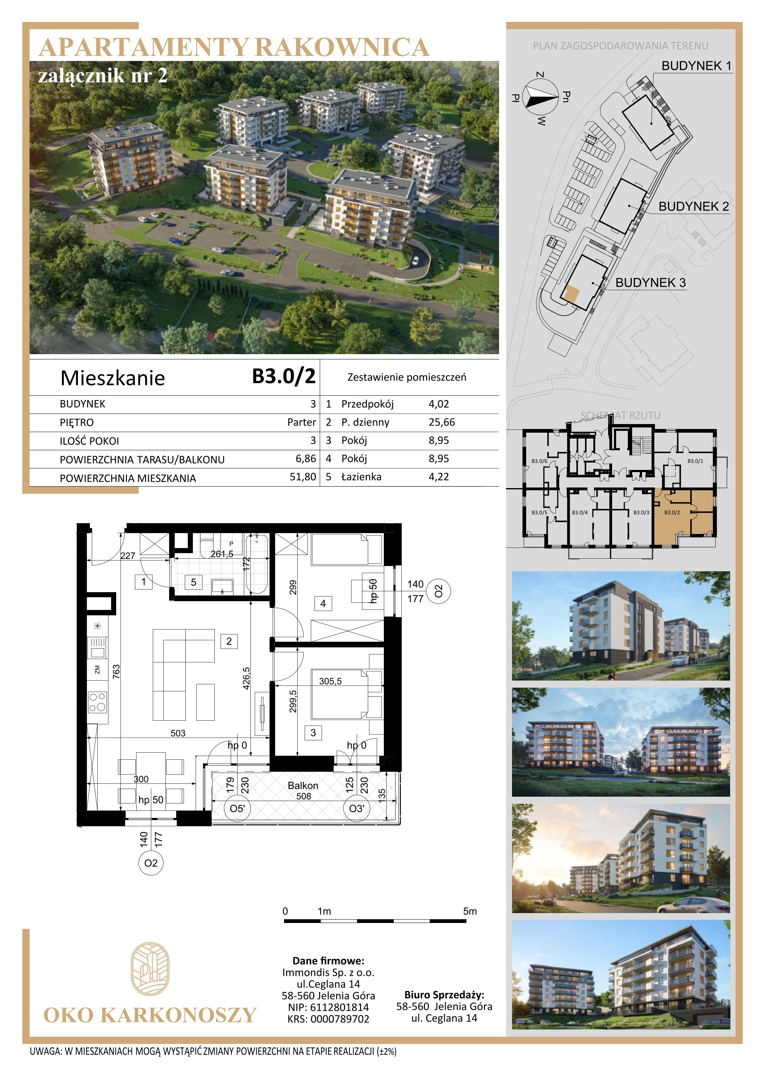3 pokoje, mieszkanie 51,85 m², parter, oferta nr B3.0/2, Oko Karkonoszy Apartamenty Rakownica, Jelenia Góra, Śródmieście, ul. Okopowa