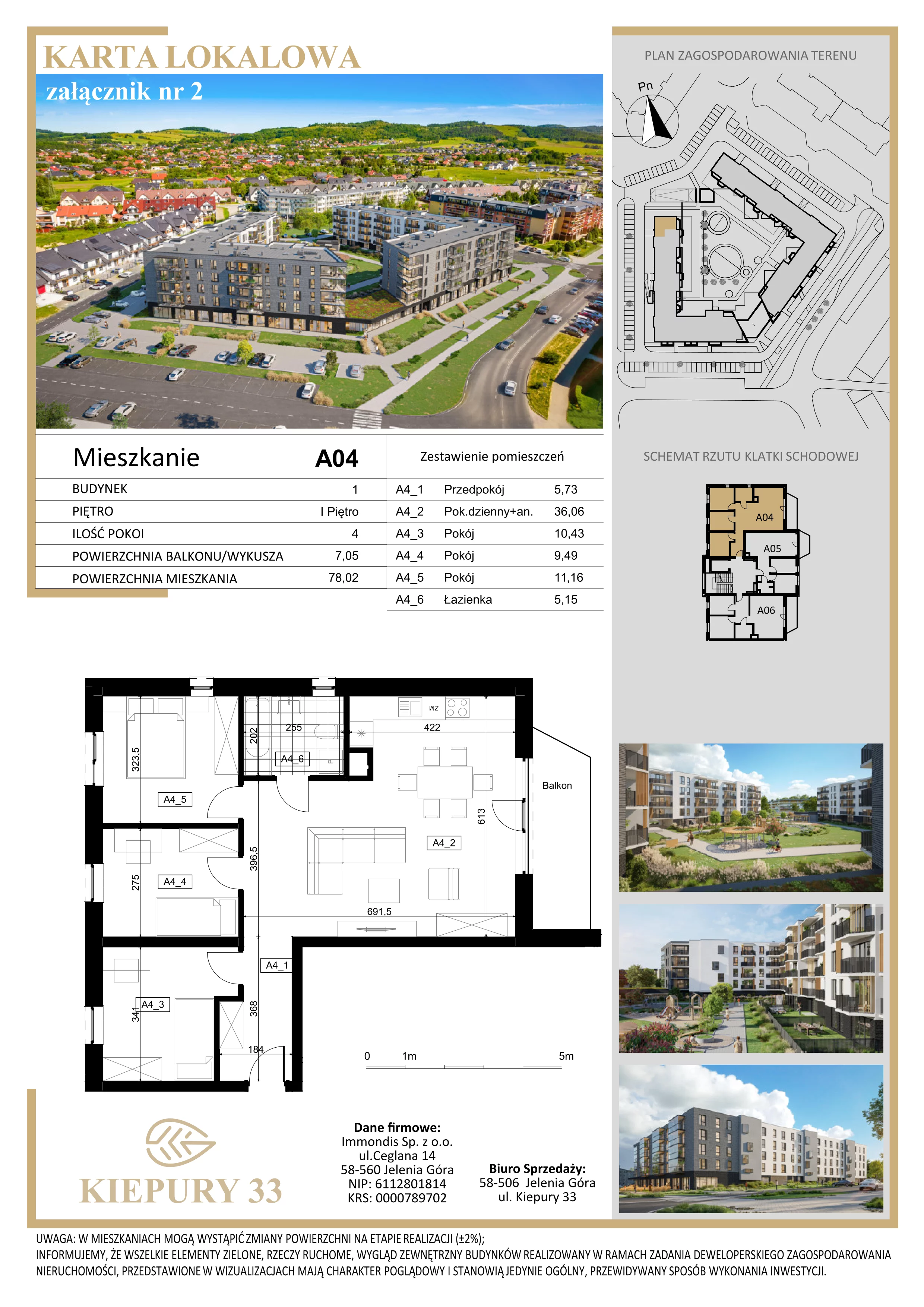 4 pokoje, mieszkanie 78,02 m², piętro 1, oferta nr A04, Kiepury 33, Jelenia Góra, Zabobrze, ul. Jana Kiepury