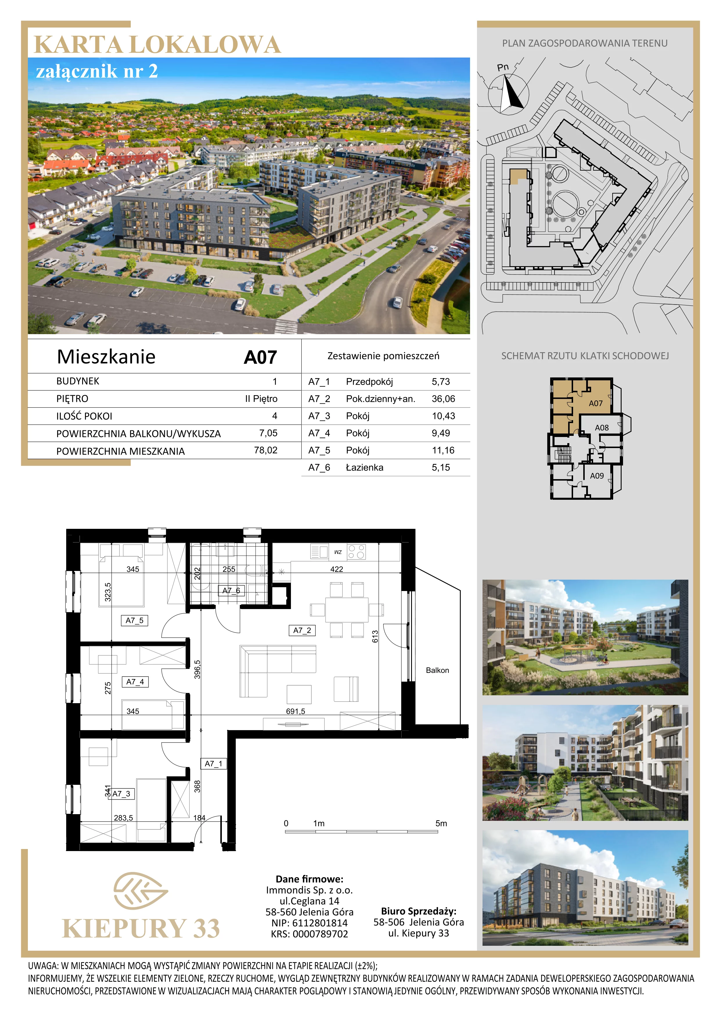 4 pokoje, mieszkanie 78,02 m², piętro 2, oferta nr A07, Kiepury 33, Jelenia Góra, Zabobrze, ul. Jana Kiepury