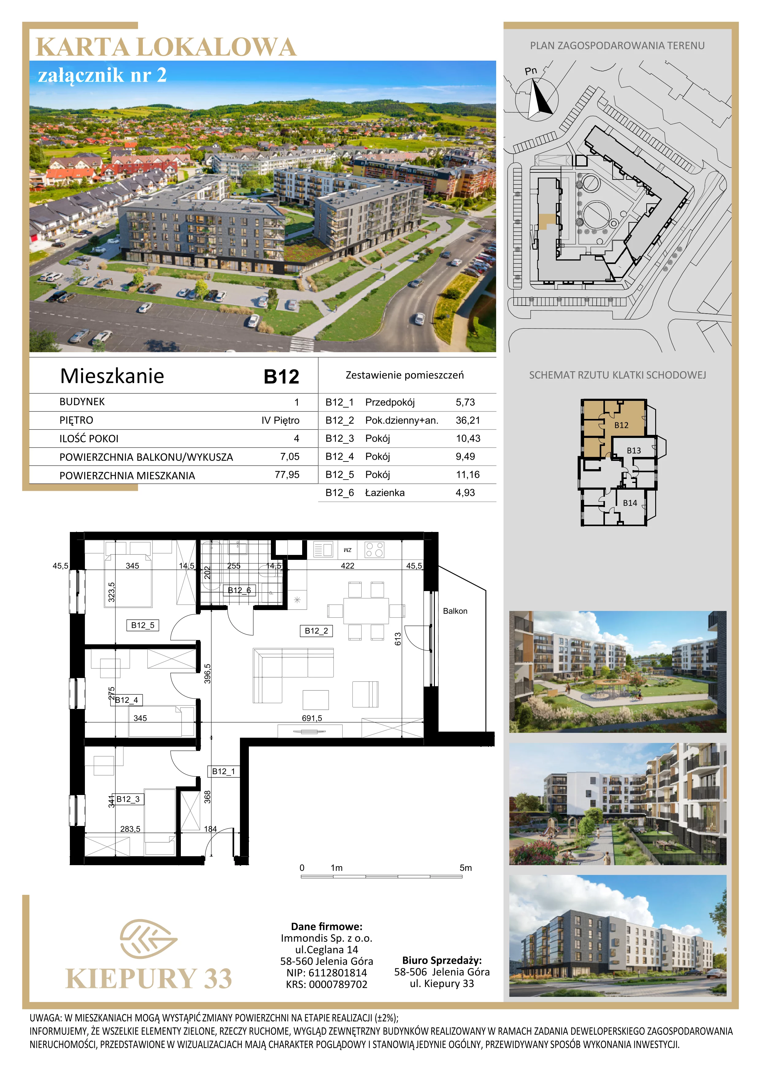 4 pokoje, mieszkanie 77,95 m², piętro 4, oferta nr B12, Kiepury 33, Jelenia Góra, Zabobrze, ul. Jana Kiepury
