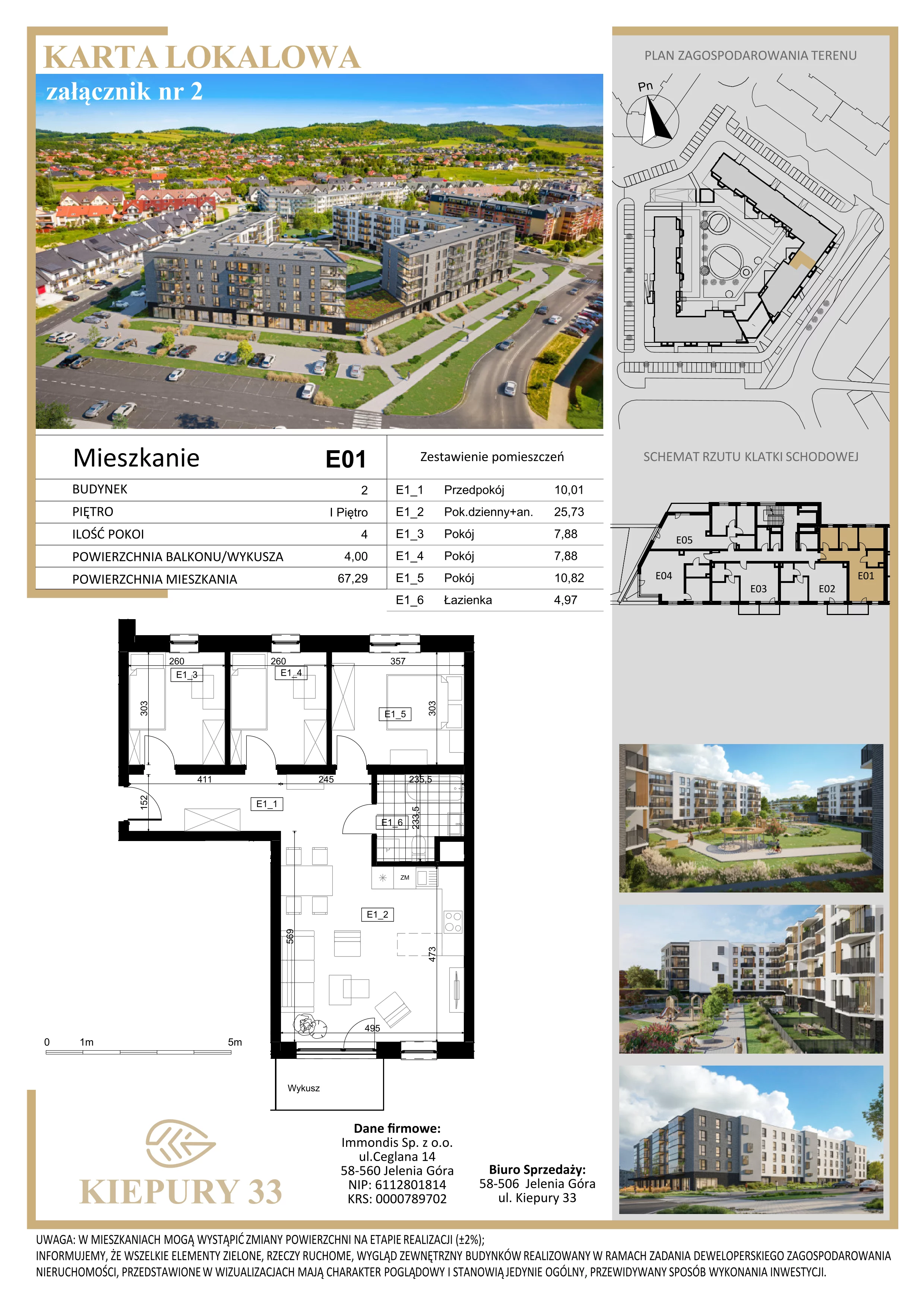 4 pokoje, mieszkanie 67,29 m², piętro 1, oferta nr E01, Kiepury 33, Jelenia Góra, Zabobrze, ul. Jana Kiepury