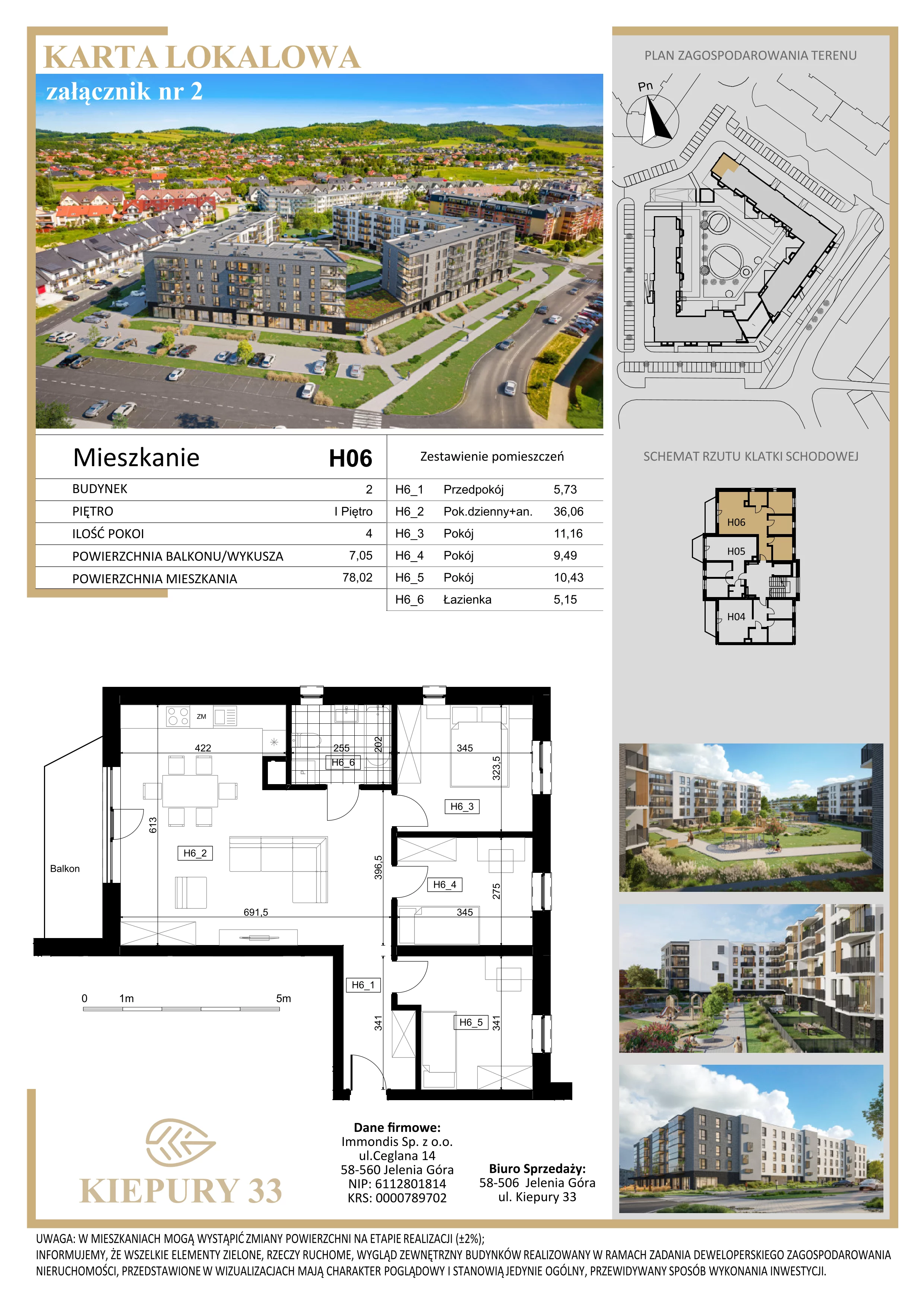 4 pokoje, mieszkanie 78,02 m², piętro 1, oferta nr H06, Kiepury 33, Jelenia Góra, Zabobrze, ul. Jana Kiepury