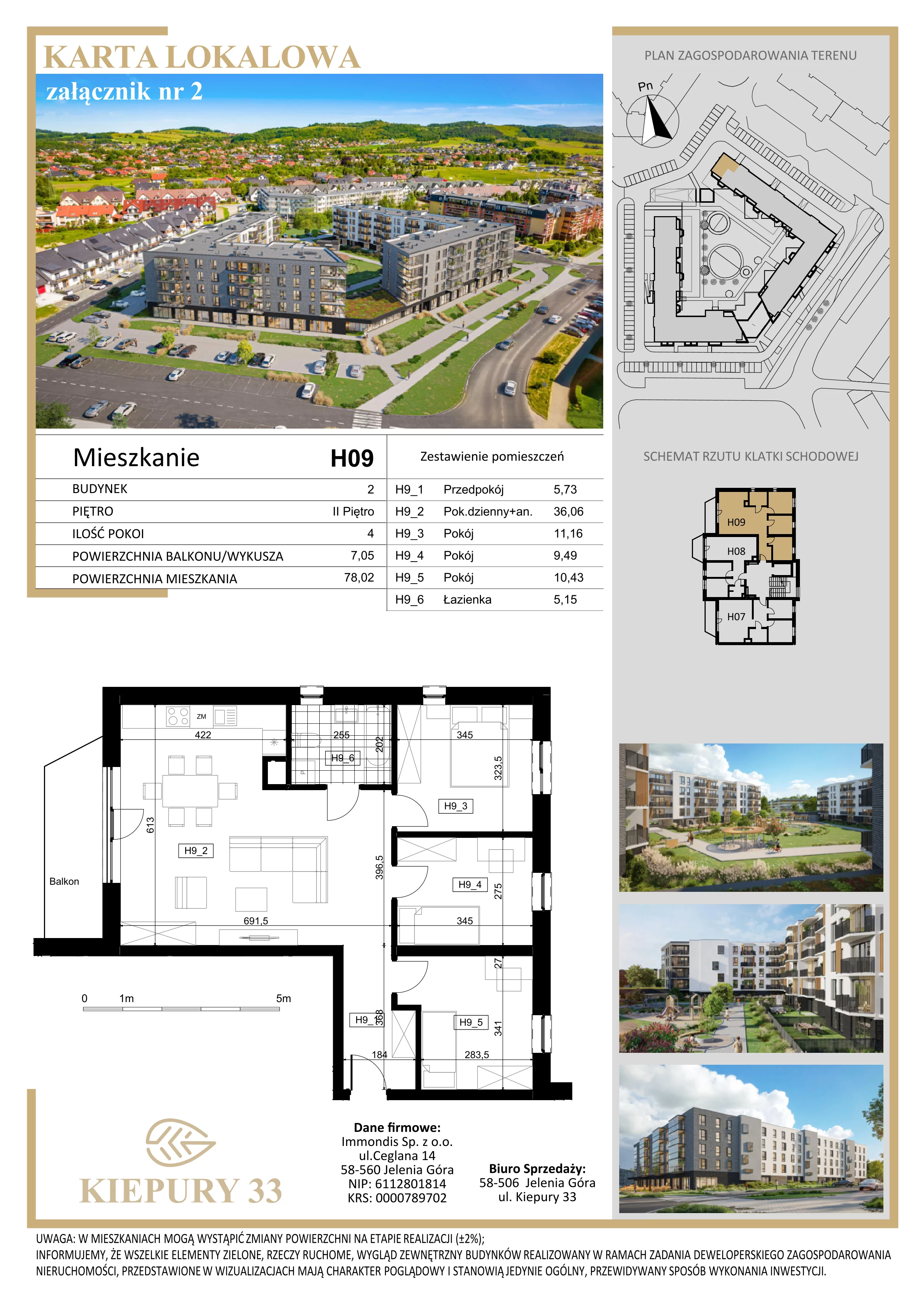 4 pokoje, mieszkanie 78,02 m², piętro 2, oferta nr H09, Kiepury 33, Jelenia Góra, Zabobrze, ul. Jana Kiepury