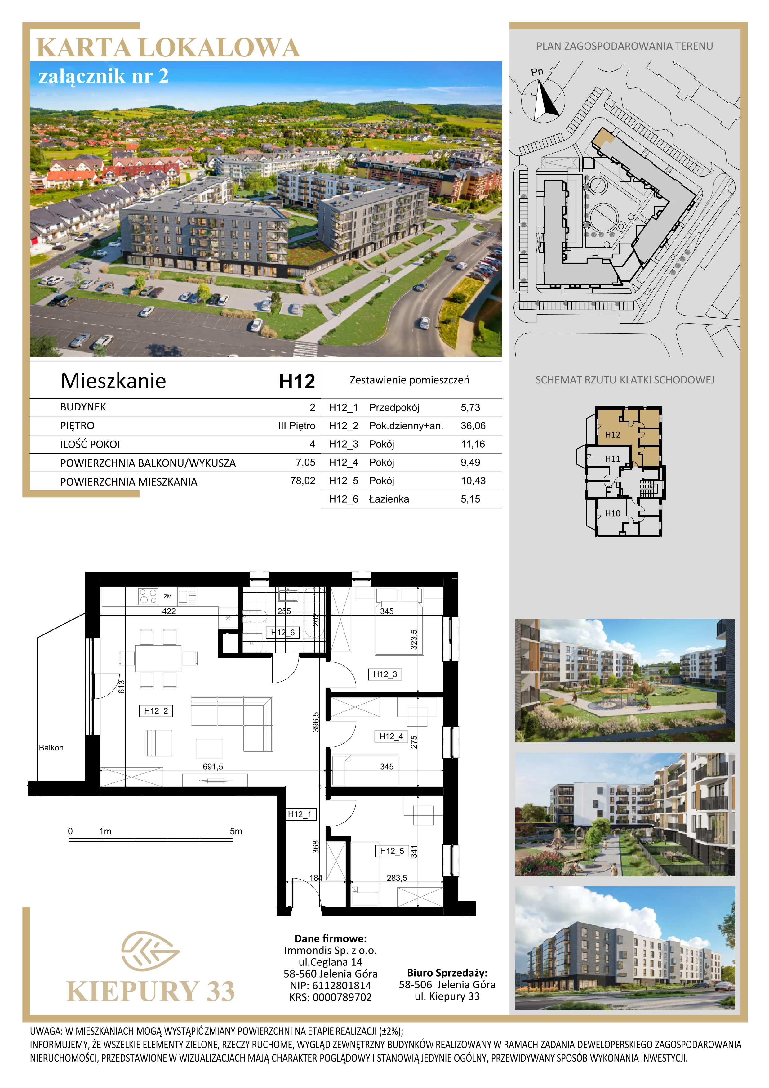 4 pokoje, mieszkanie 78,02 m², piętro 3, oferta nr H12, Kiepury 33, Jelenia Góra, Zabobrze, ul. Jana Kiepury