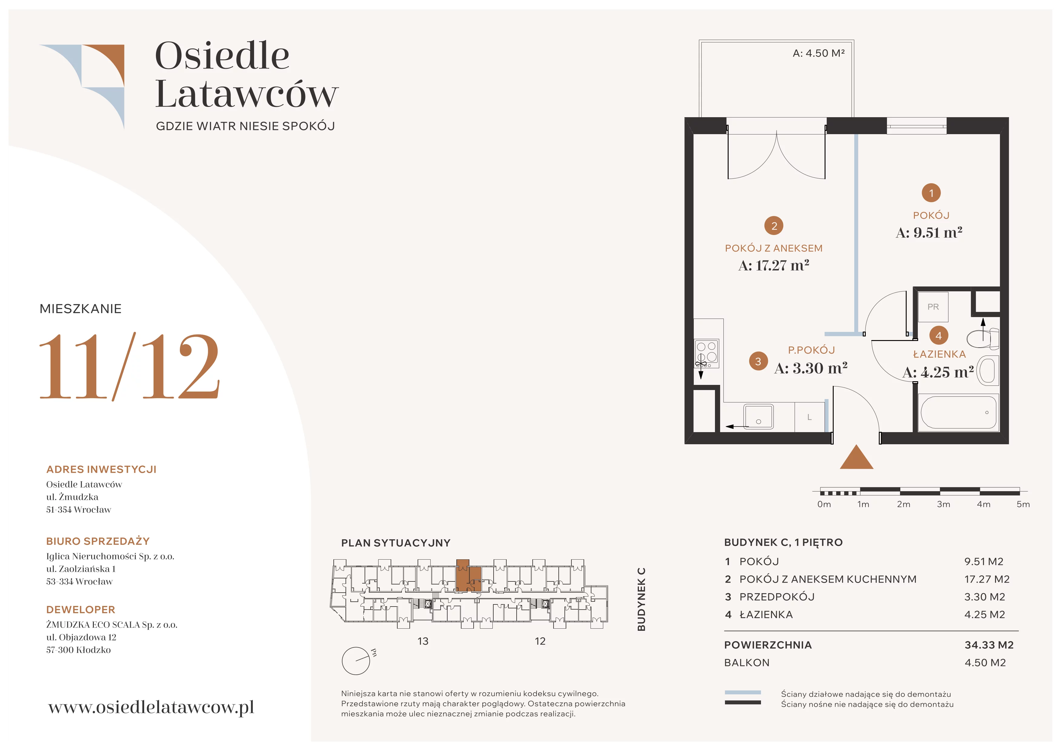 2 pokoje, mieszkanie 34,33 m², piętro 1, oferta nr C11-12, Osiedle Latawców, Wrocław, Psie Pole-Zawidawie, Psie Pole, ul. Grodzieńska