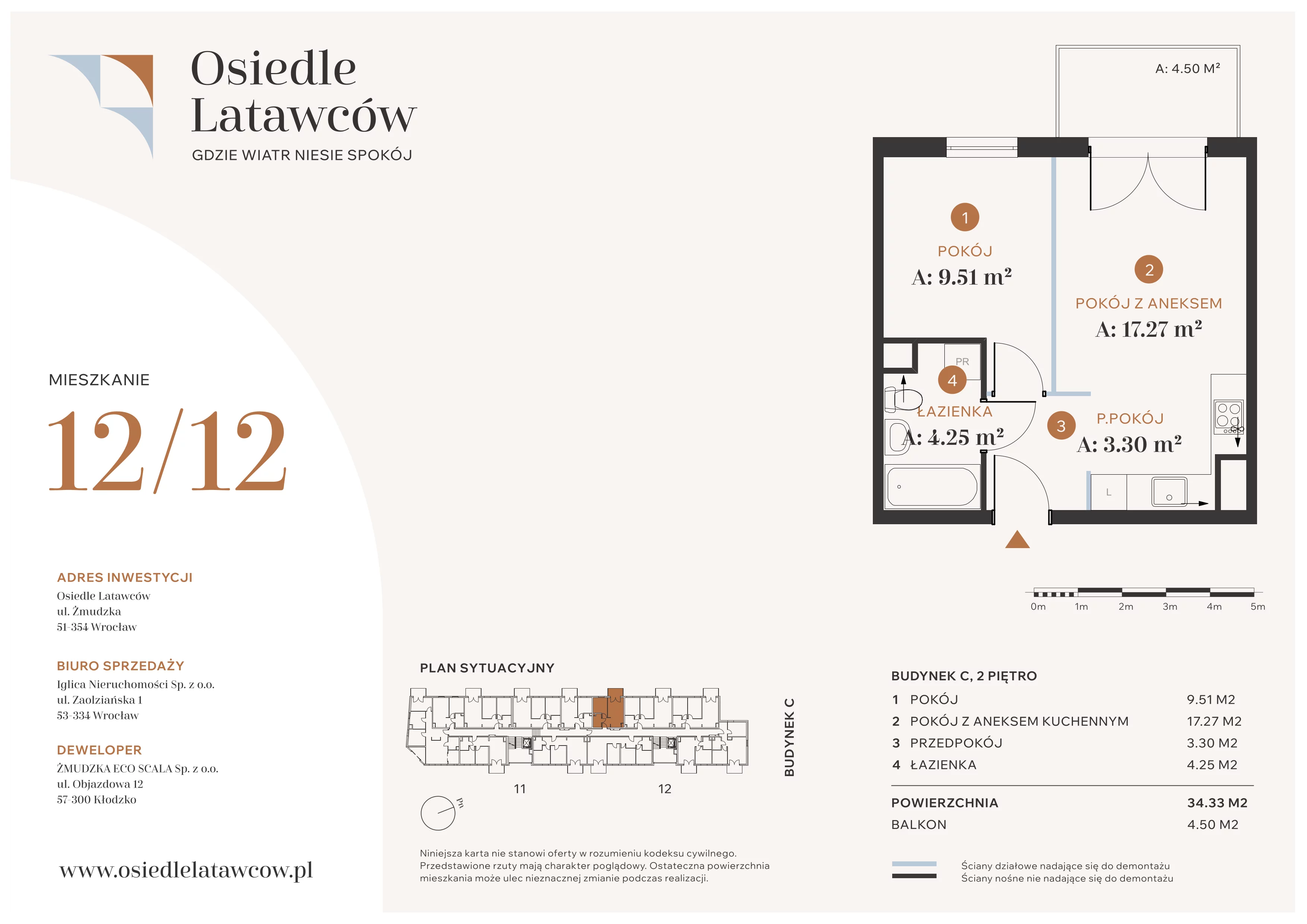 2 pokoje, mieszkanie 34,33 m², piętro 2, oferta nr C12-12, Osiedle Latawców, Wrocław, Psie Pole-Zawidawie, Psie Pole, ul. Grodzieńska