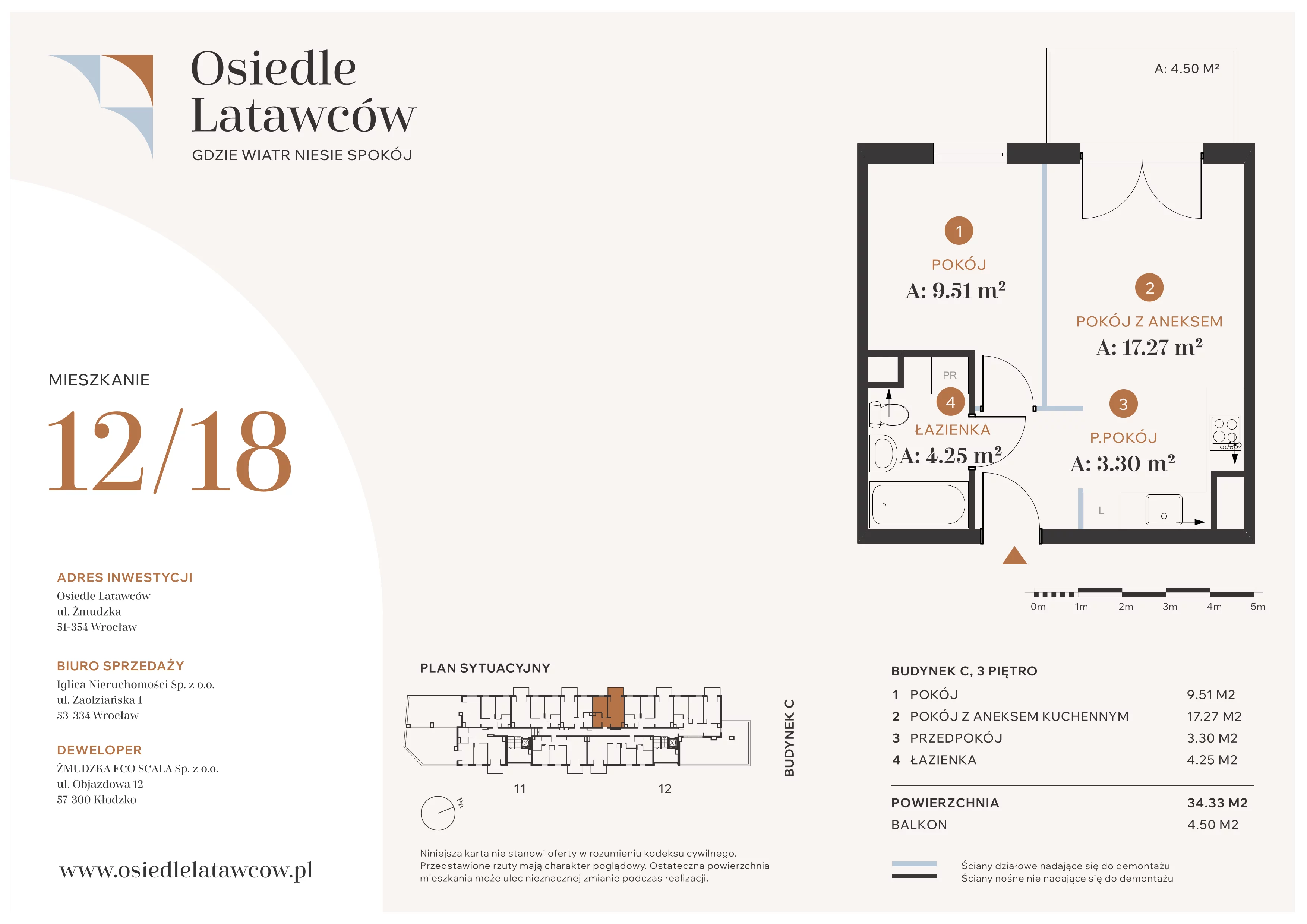2 pokoje, mieszkanie 34,33 m², piętro 3, oferta nr C12-18, Osiedle Latawców, Wrocław, Psie Pole-Zawidawie, Psie Pole, ul. Grodzieńska