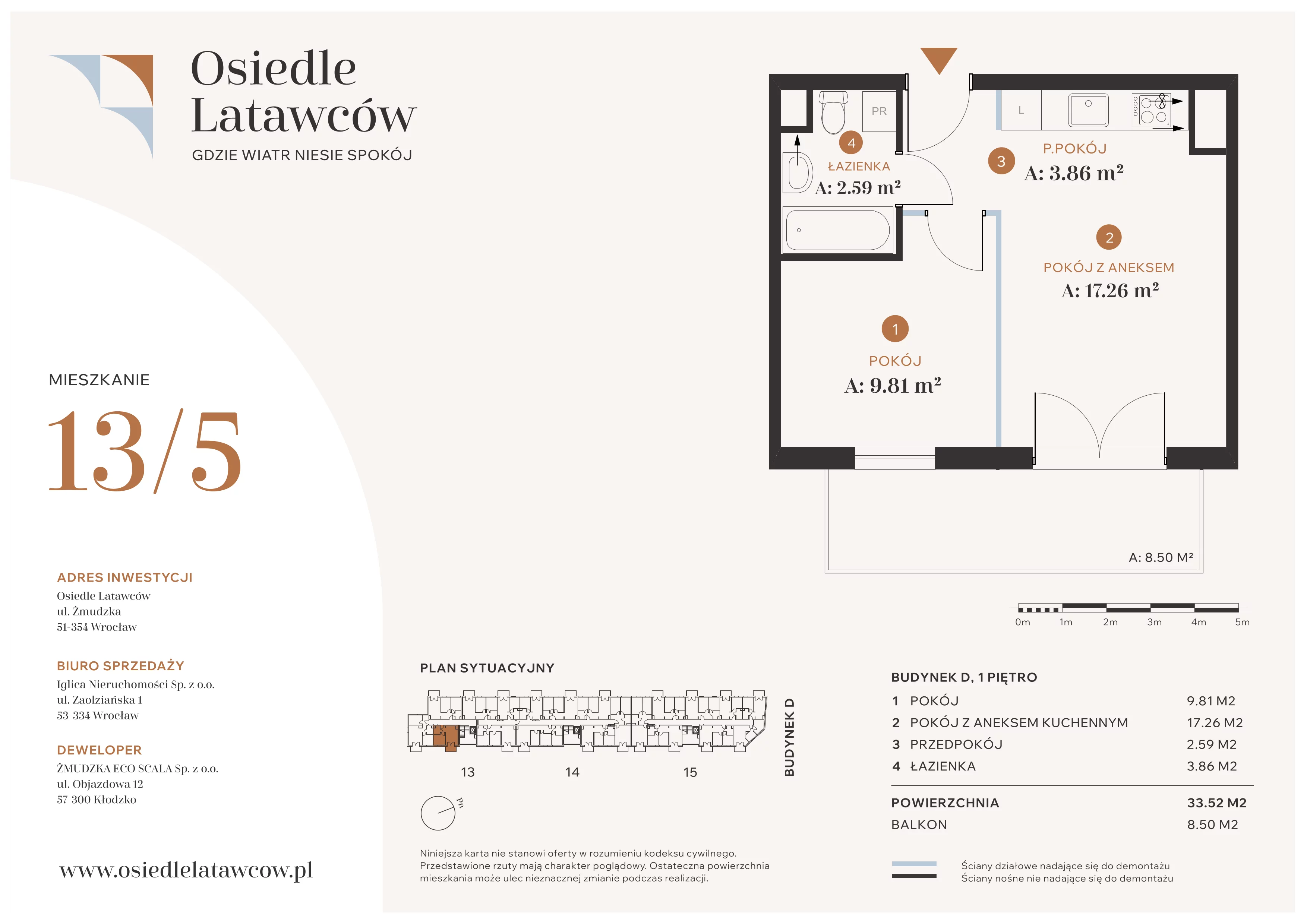 2 pokoje, mieszkanie 33,52 m², piętro 1, oferta nr D13-5, Osiedle Latawców, Wrocław, Psie Pole-Zawidawie, Psie Pole, ul. Grodzieńska