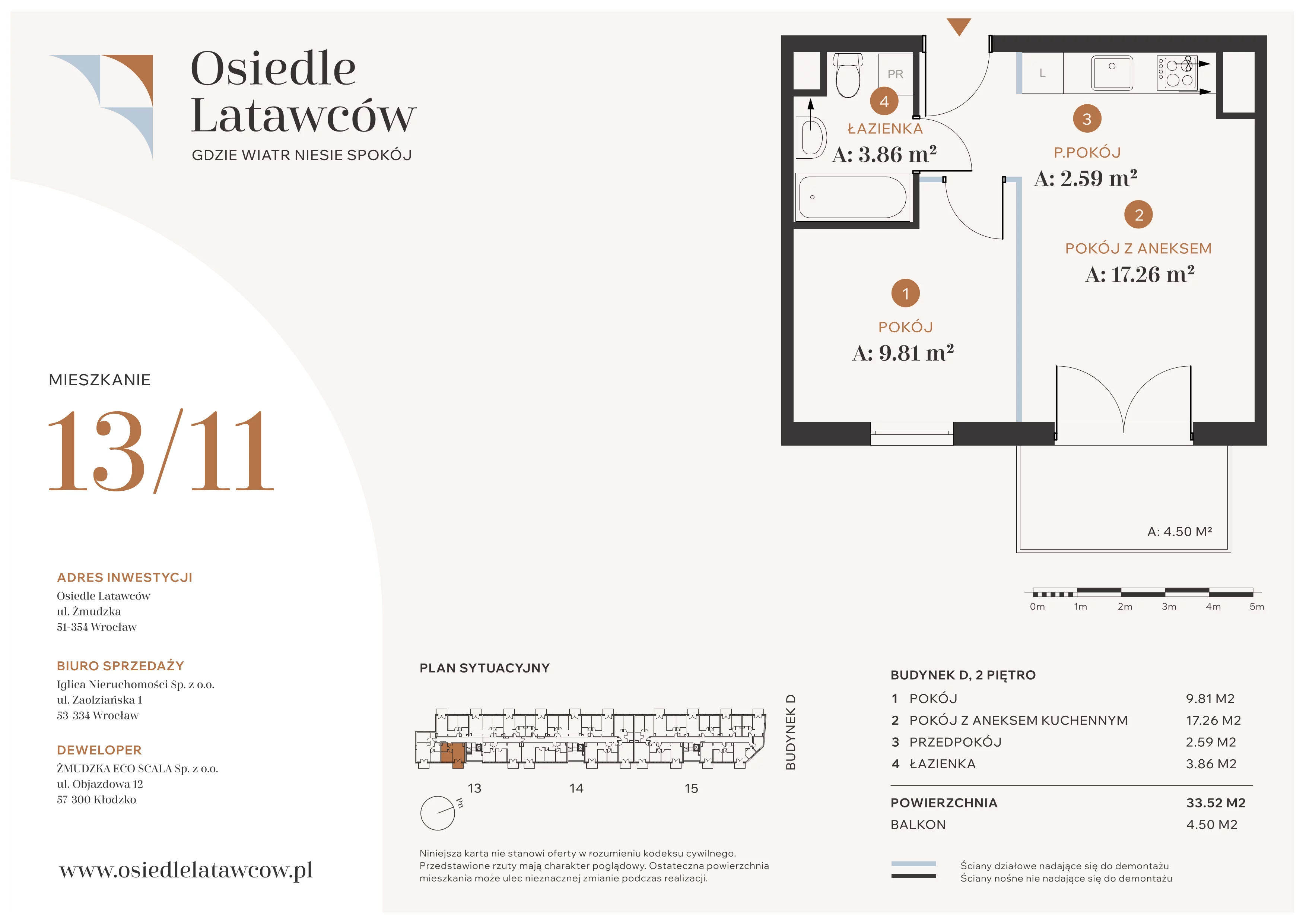 2 pokoje, mieszkanie 33,52 m², piętro 2, oferta nr D13-11, Osiedle Latawców, Wrocław, Psie Pole-Zawidawie, Psie Pole, ul. Grodzieńska